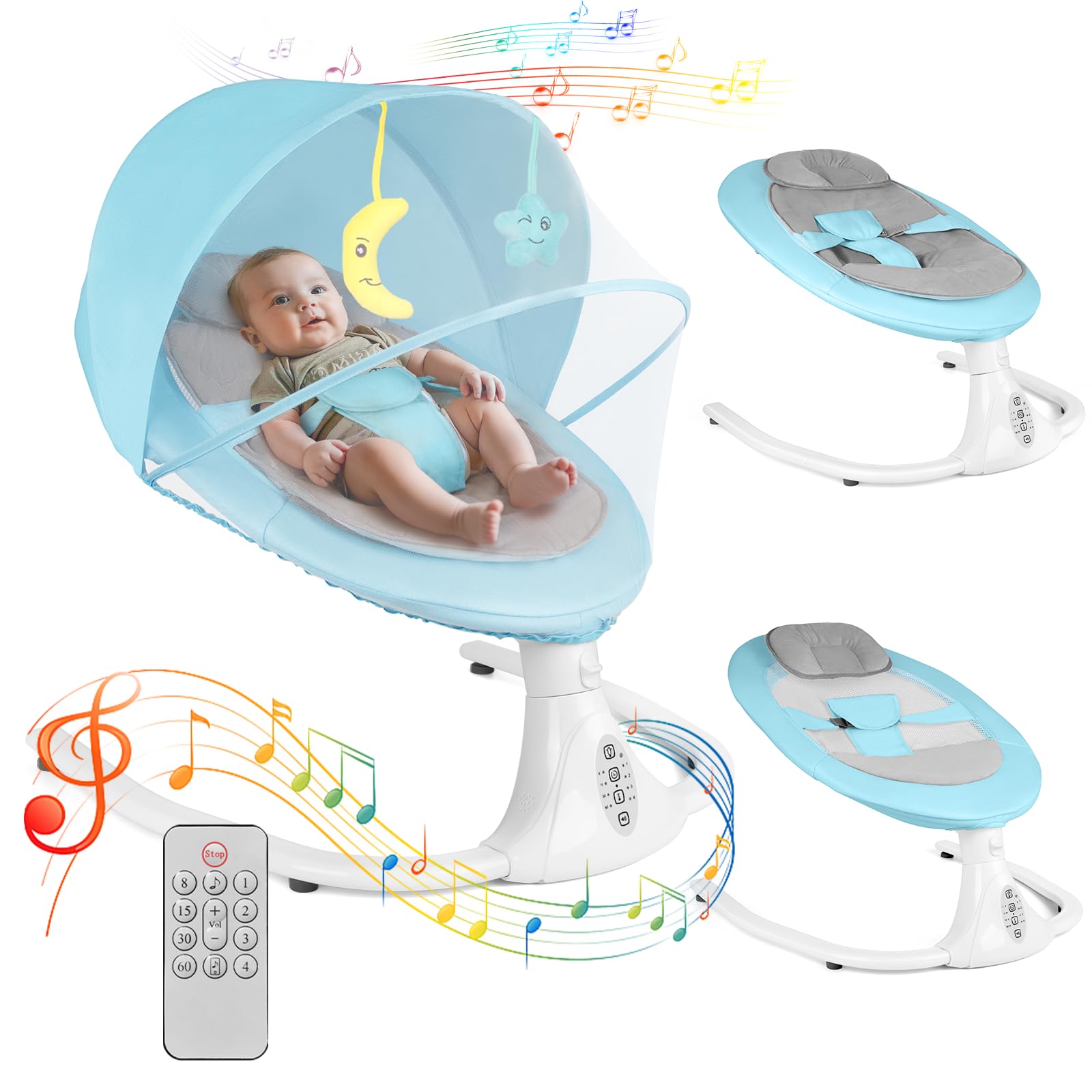 Electric Baby Swing Chair with Remote Control, Baby Bouncer Chair with 4 Speeds & 4 Timer & Bluetooth Music Player, Removable Seat Cushion for All Seasons (Blue)