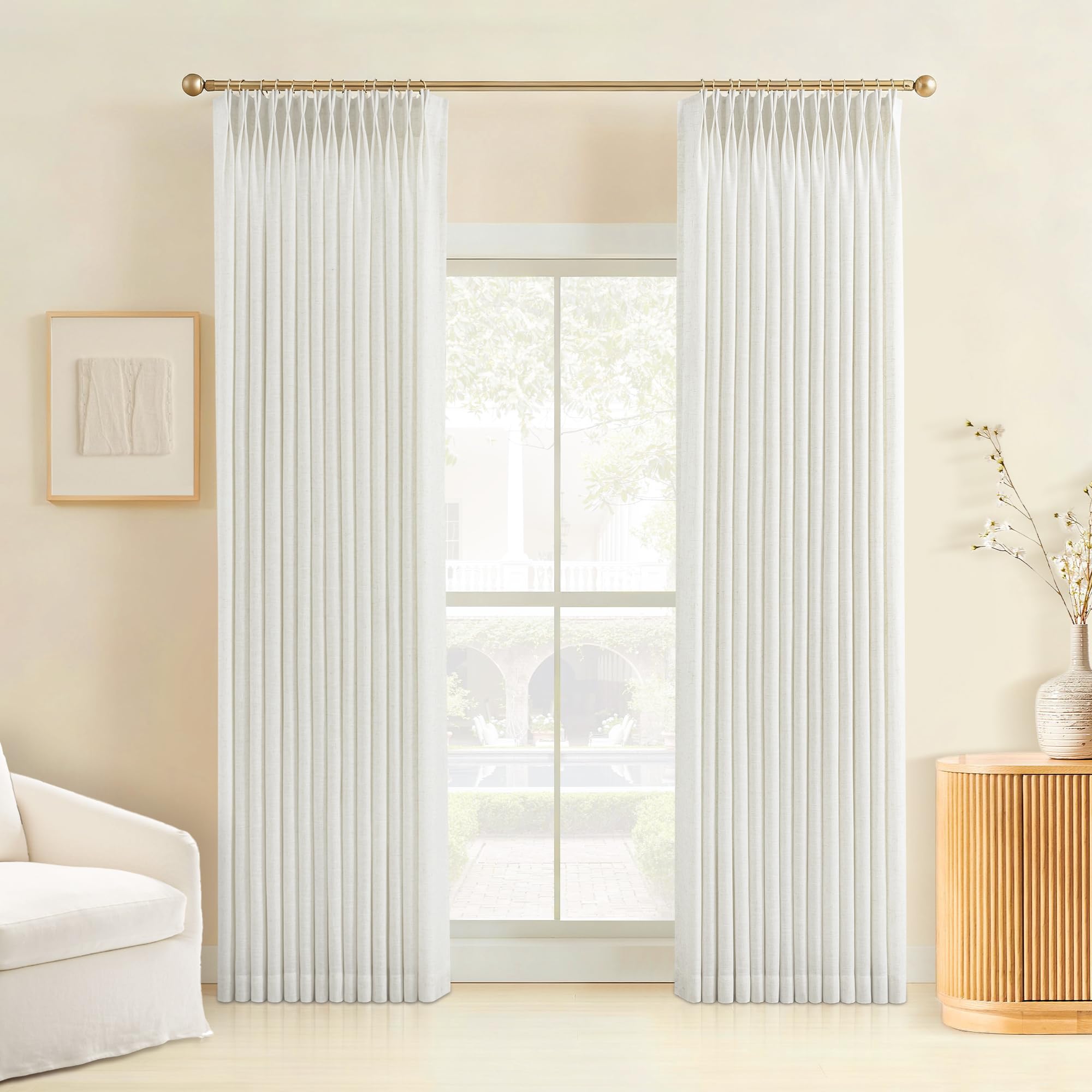 THREE GIRLS Liz Pinch Pleated Linen Curtains 102" (259cm Drop) - Light Filtering Semi Sheer Drapes with Hooks for Living Room & Bedroom, Natural Linen Texture, 2 Panel Set โ image 1
