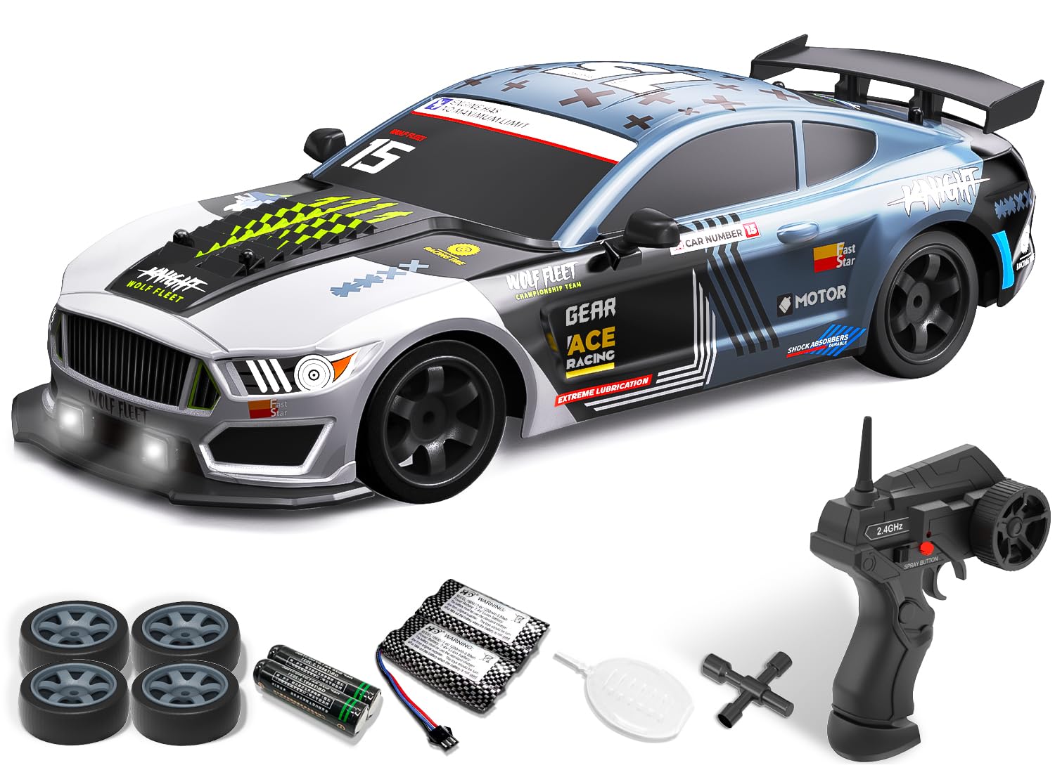 RACENT 1:16 RC Drift Car, 2.4Ghz 4WD 18KM/H Remote Control Car with Spray Mist, Racing and Drifting Wheels, LED Light, 2 Batteries, Sport Model Toys Vehicle for Kids, Boys, Adults