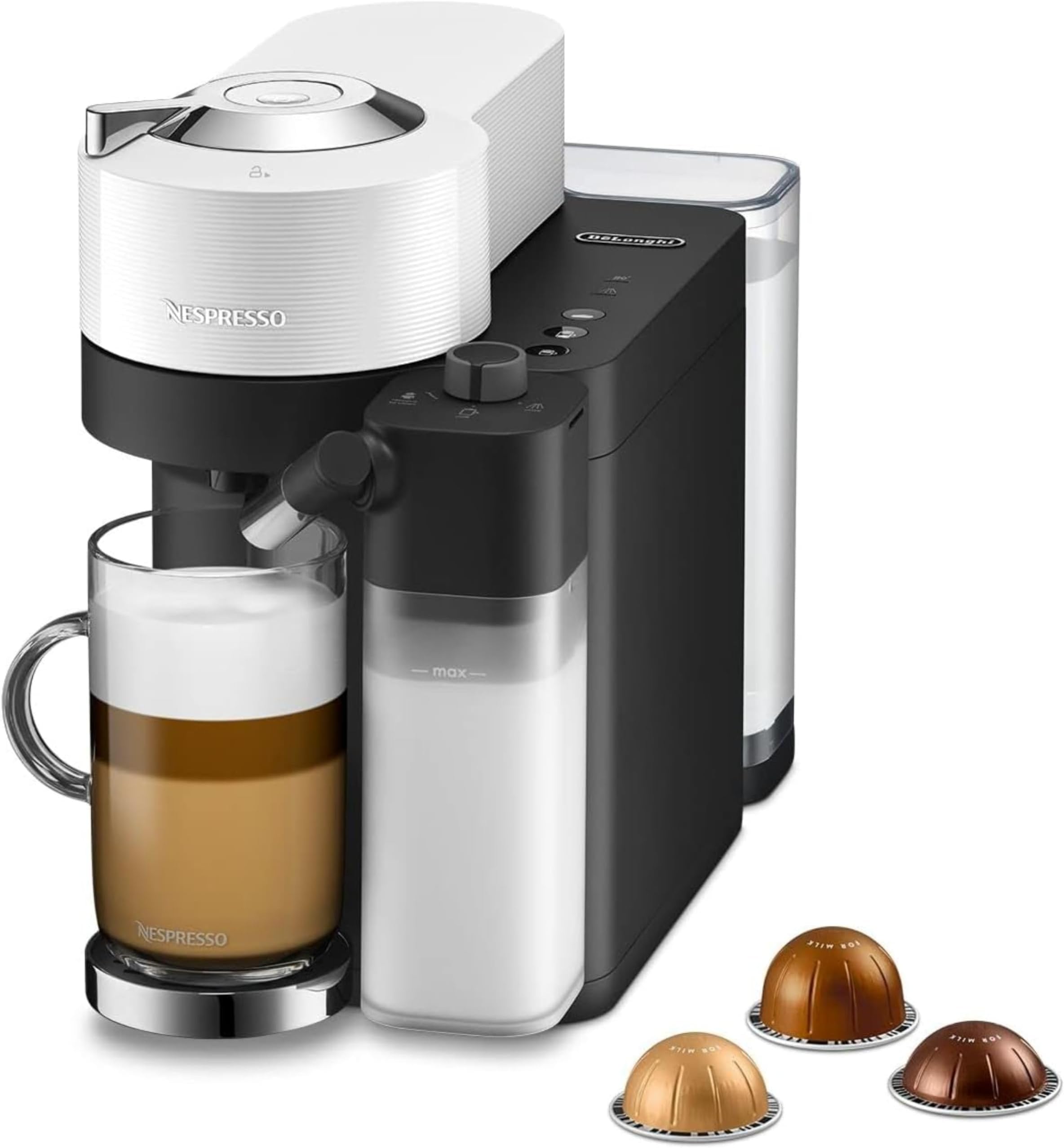– De'Longhi Nespresso Vertuo Lattissima ENV300.W, Automatic Coffee Machine with Automatic Milk Frother, Single-Serve Capsule Coffee Machine, 5 Cup Sizes, 1500W, Matt White & Glossy