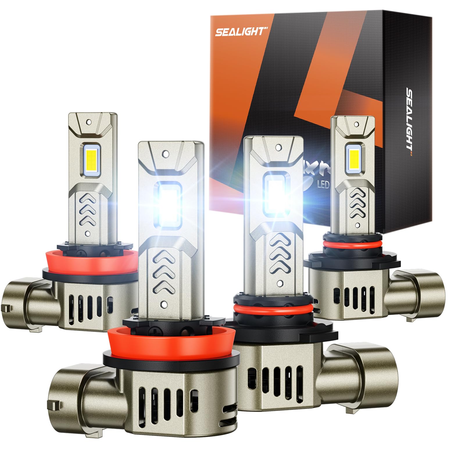 SEALIGHTH9/H8/H11 HB3/9005 Fog Light for Powersports ATV/UTV, 900% Super Bright 6500K H9 H8 HB3 Driving Light Bulbs with Silent Fan, Plug and Play, Off-Road Use, Pack of 4