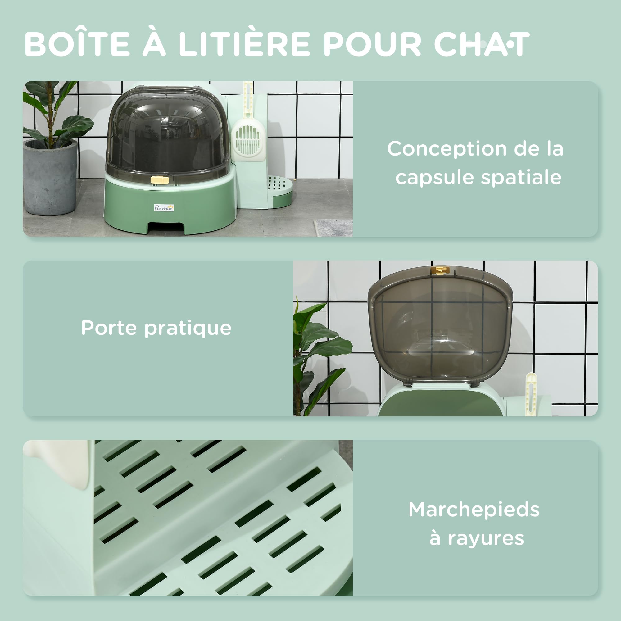 PawHut Maison de Toilette, bac à litière fermé pour Chat - Compartiment inférieur Amovible pour Un Nettoyage Facile - Pelle Inclus - Vert | Compartiment Inférieur Amovible, Nettoyage Facile