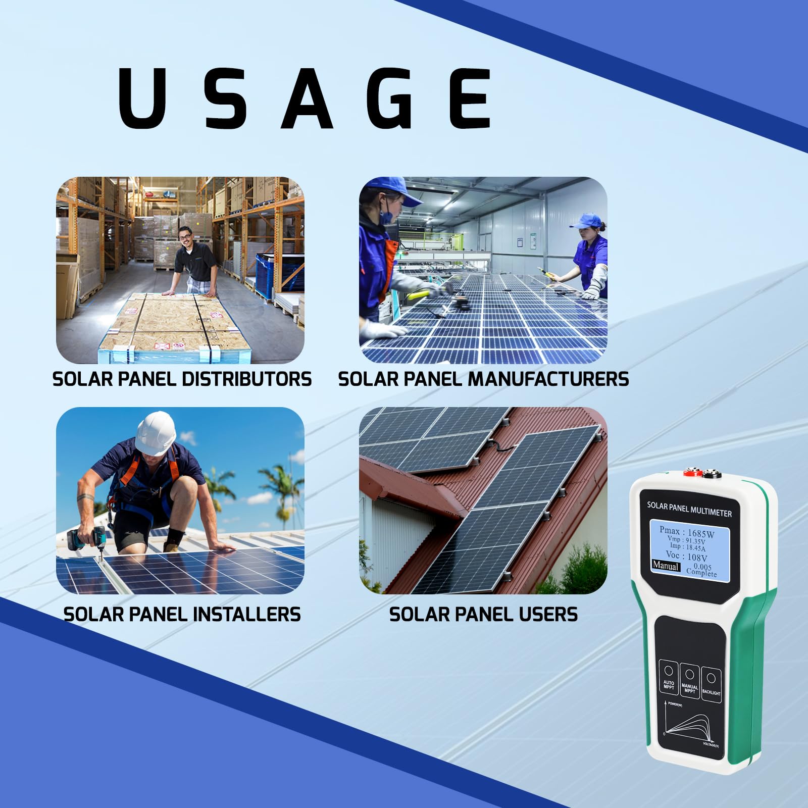 Probador de Paneles Solares de 1800W, Multímetro Fotovoltaico con Detección Inteligente MPPT para PV Paneles Datos y Medidas de Diagnóstico, Sistemas de 24V | 48V | 120V Protección Contra Sobrecargas
