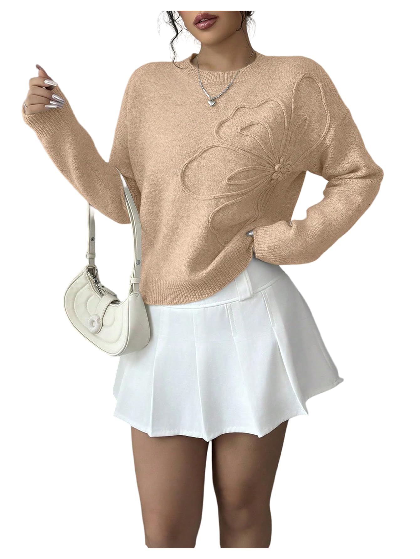 RoseSeek Women's 3D Floral Appliques Sweaters Long Sleeve Knit Tops