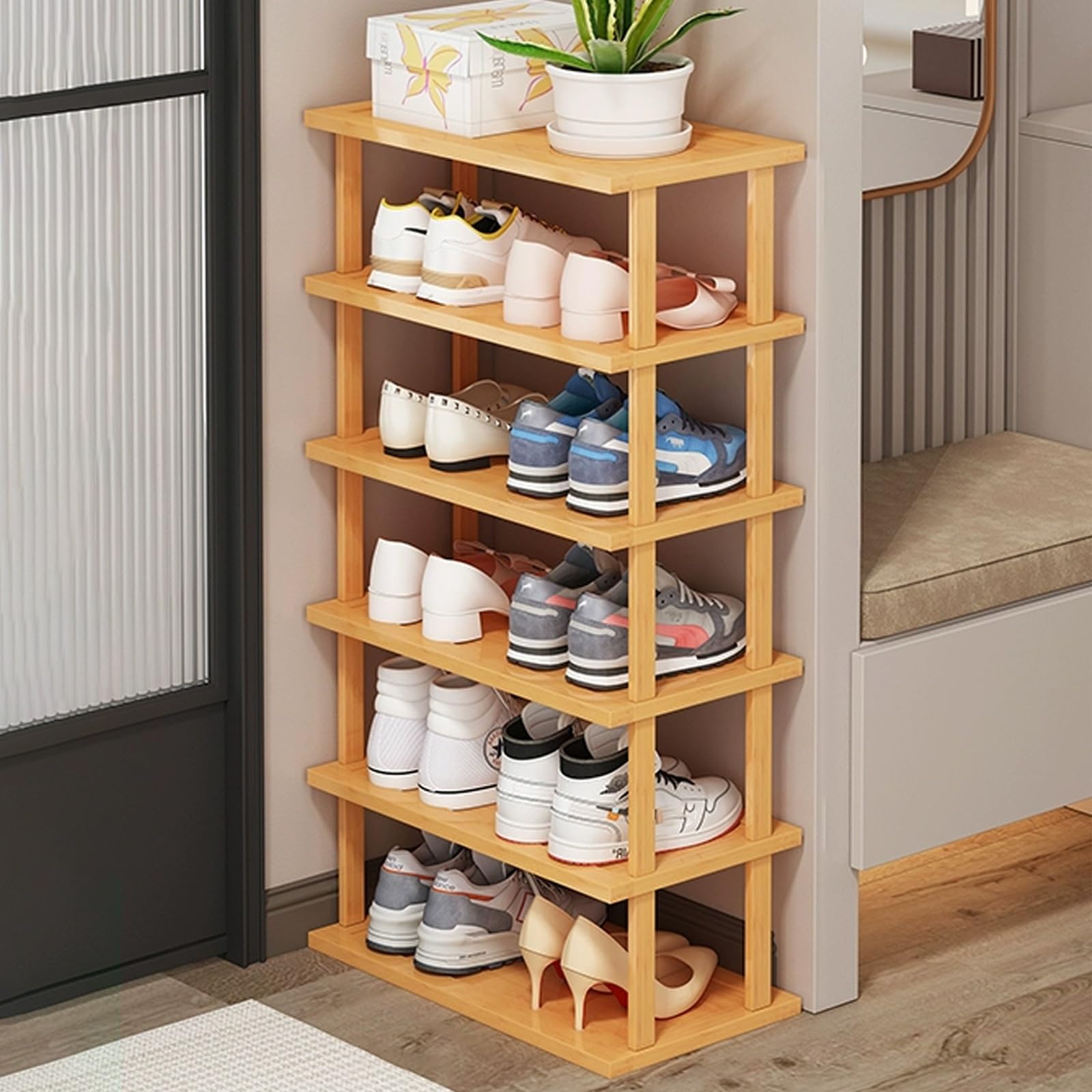 SVFOEBJM Vertical Shoe Rack, Wooden Shoe Rack for Small Spaces, DIY Shoe Shelf, Space Saving Storage, Tall Narrow Shoe Tower Organizer for Entryway Corner Garage Bedroom