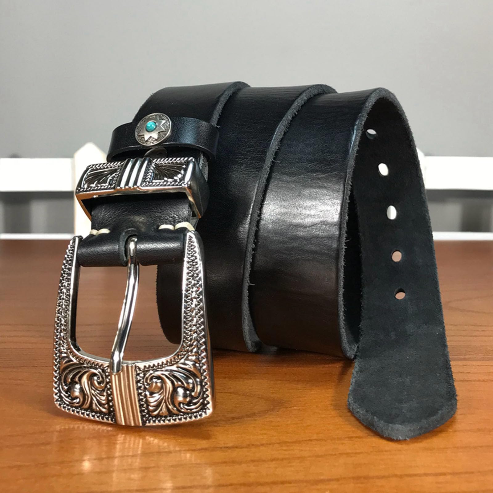 Cintura Uomo Fibbia ad Ardiglione Western, Cinture da Cowboy Occidentale in Pelle, Cintura Vintage Regolabile per Jeans con Fibbia in Metallo,Nero,105CM/41.3''
