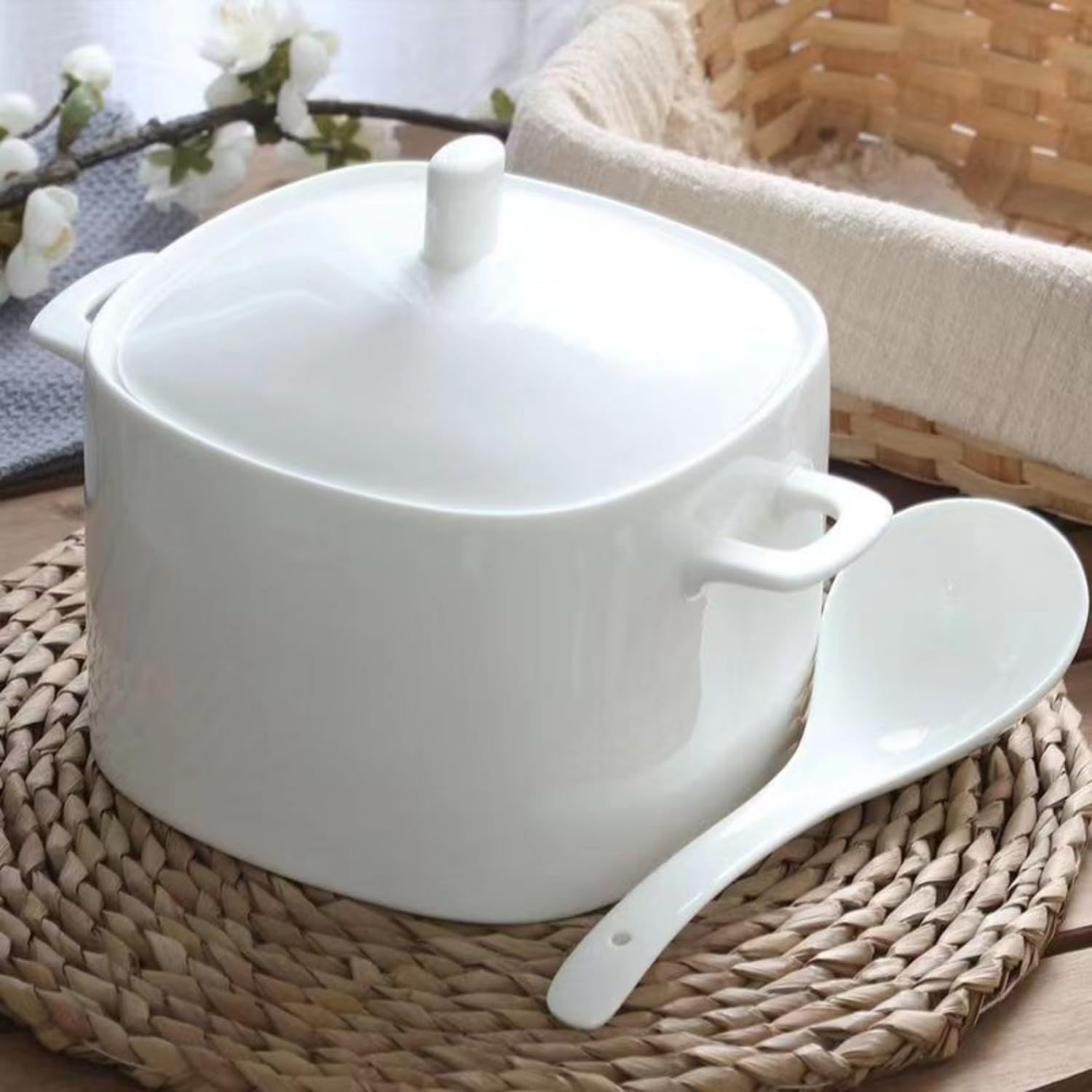 Soupière Ronde En Céramique Blanche Avec Couvercle - Soupière De Service En Porcelaine Pour Restaurant, Maison, Cuisine, Bols En Céramique Résistants à La Chaleur De Qualité Supérieure