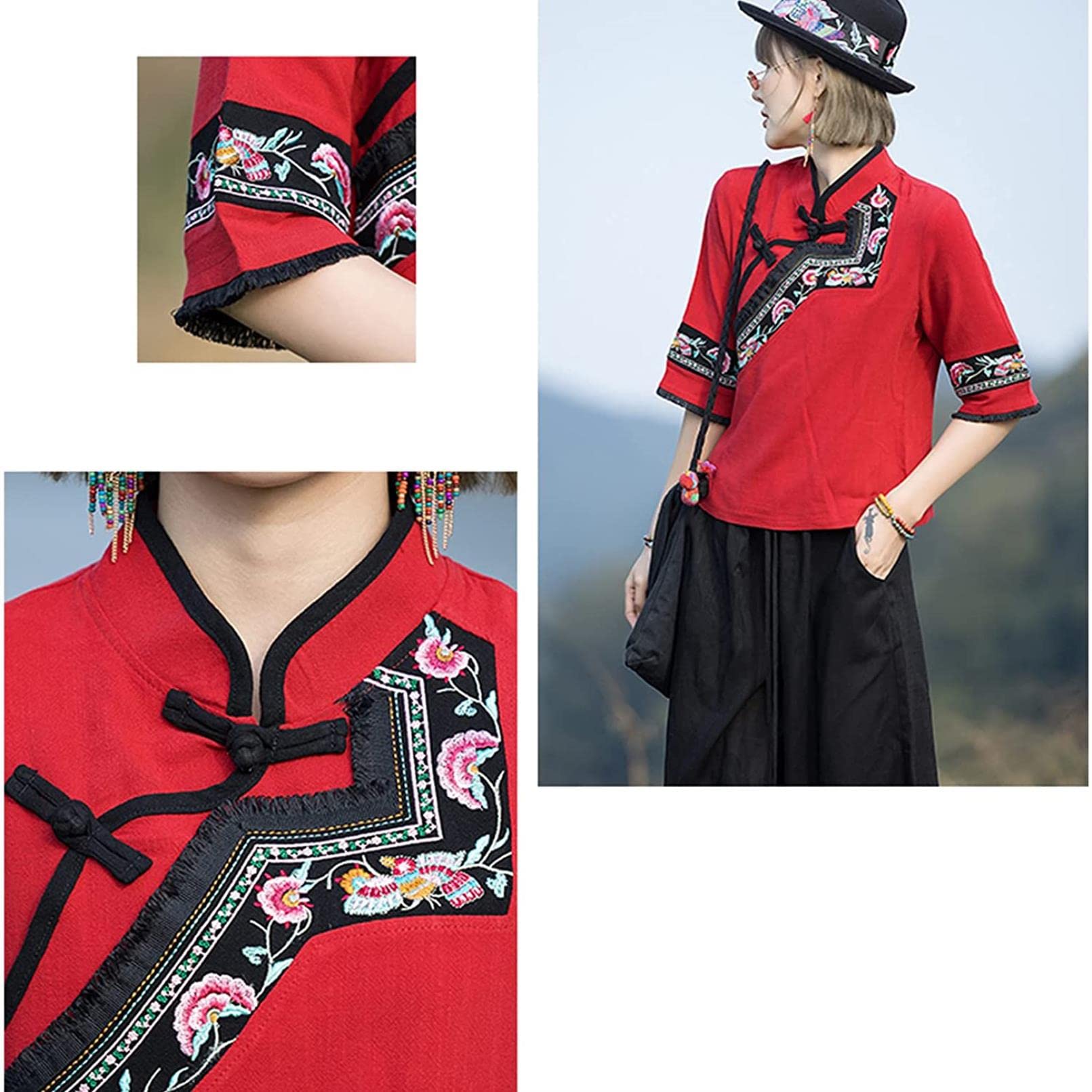 Abbigliamento in Stile Cinese Donna Etnico Cotone Lino Top Estate Manica Corta Camicetta Donna Hanfu (XL, Rosso) (Rosso L)