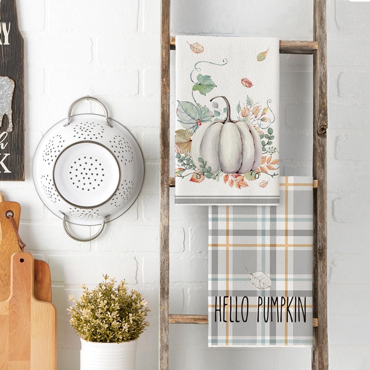 Artoid Mode Grey Watercolor Stripes Hello Pumpkin Fall Kitchen Towels Dish Towels, 18x26 Inch Seasonal Leaves Decoration Hand Towels Set of 2 - Image 3