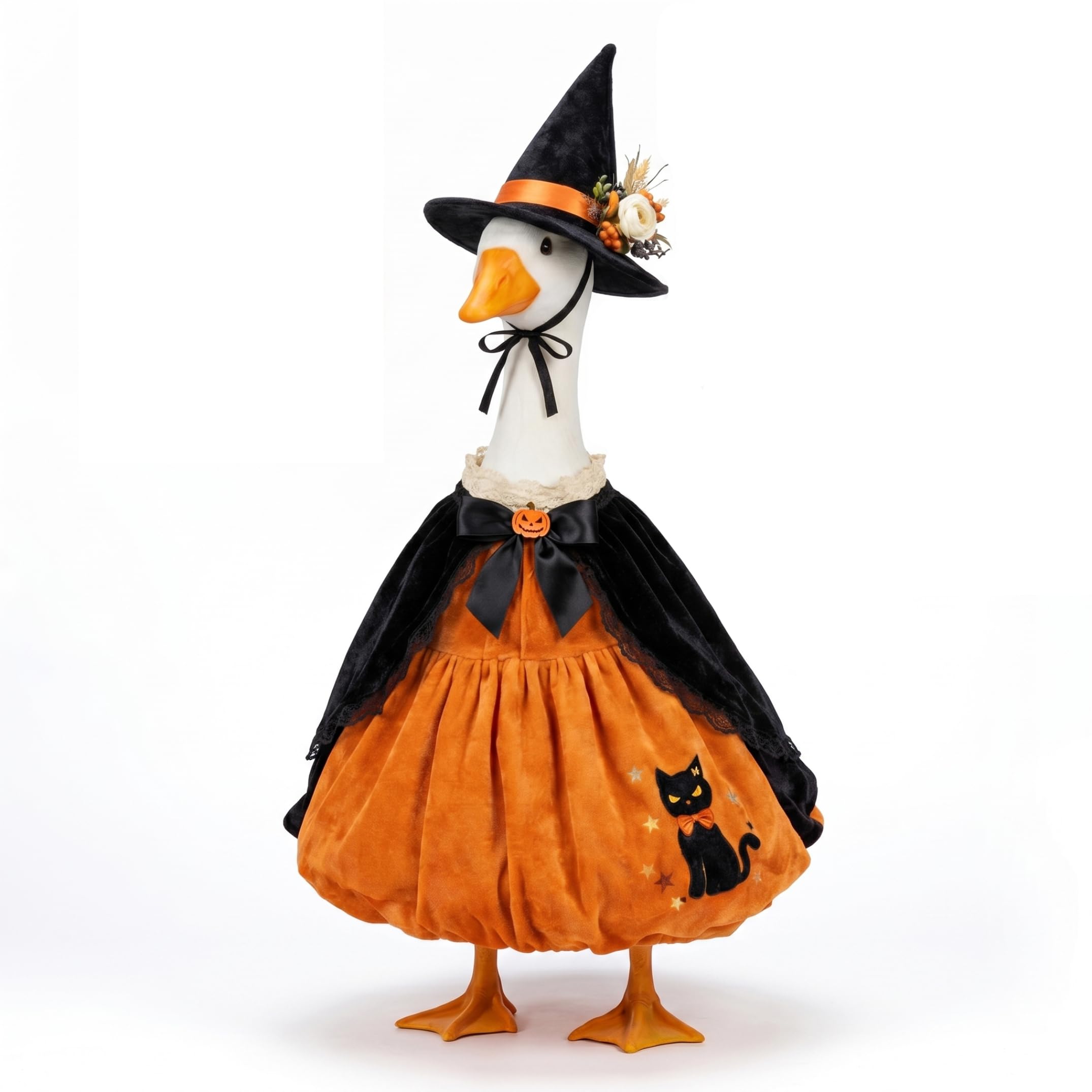 Bemonew Halloween Decor Halloween Gooses Outfit, Pumpkin Style Gooses Outfits Costume with Witch Hat & Cape Decor, Fits 23 Inch Porch Geese
