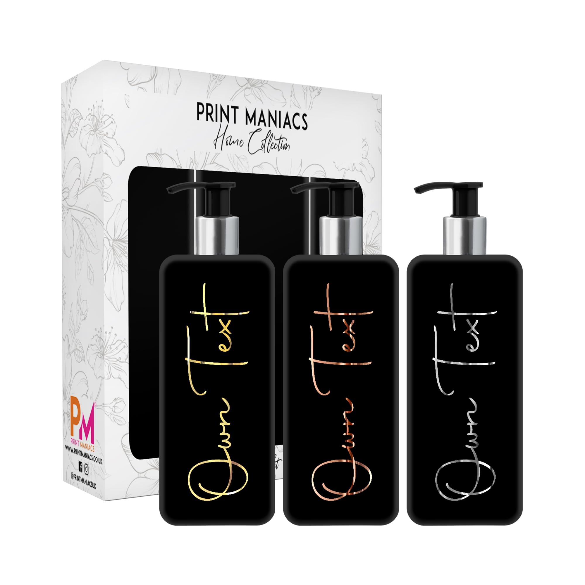 Print Maniacs Mrs Hinch Inspired Signature 500ml Reusable Square Dispenser Bottle Silver Pump Personalised Bathroom Storage Toiletries Set F2 Own Text (Black, 3 Bottles)