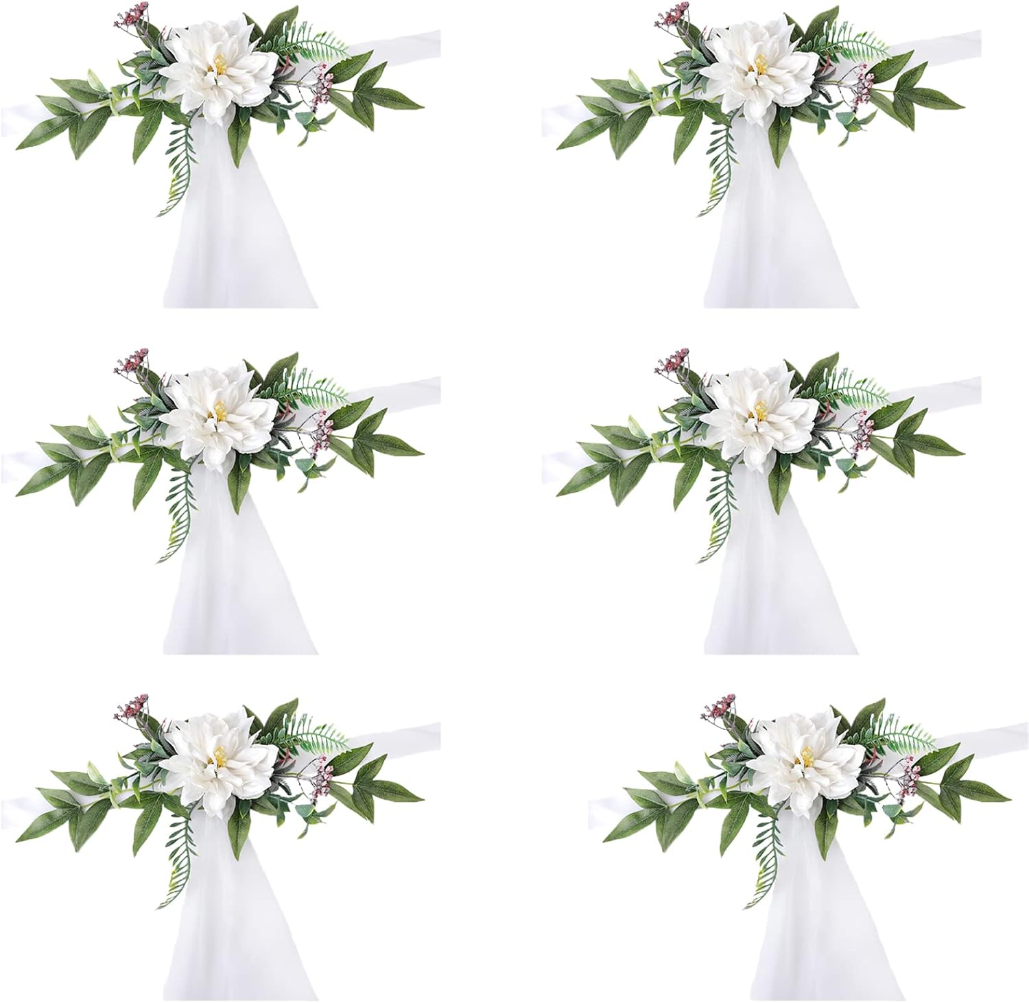 Wedding Aisle Decorations Pew Flowers Set of 6, Church Chair Bench Pew Bows Artificial Flowers with Ribbons Eucalyptus Olive Leaves for Wedding Ceremony Chair Decoration