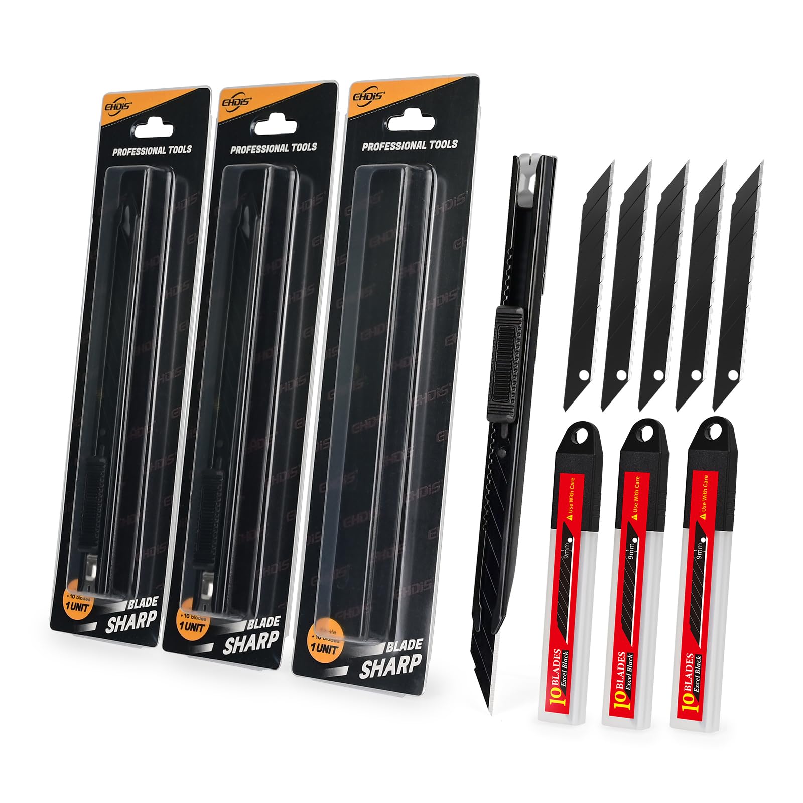 EHDIS Professional Knife Kit – 3 Small Cutter with 30 Replacement Blades 9 mm, Locking System, for Cutting Paper, Cardboard, Precision Cuts