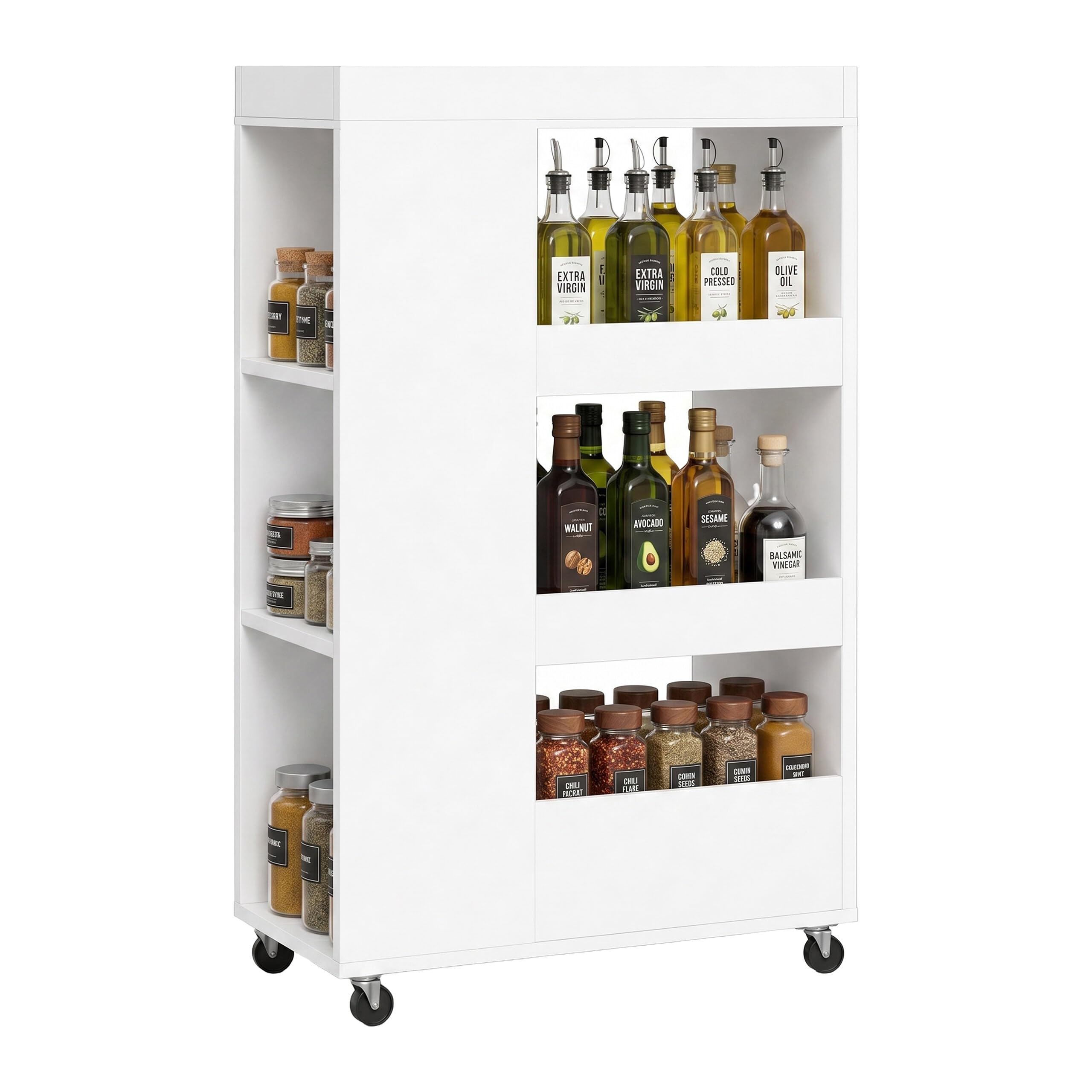 Relaxdays Carrito de nicho, Altura 85 x 18 x 60 cm, estantería Estrecha para baño y Cocina, 4 Niveles, con Ruedas, Aspecto de Madera, Color Blanco