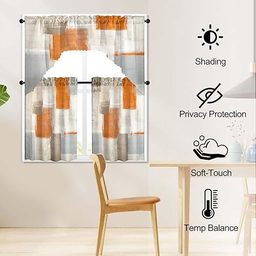 Miniatura 2 de Juego de cortinas de ventana de nivel y botín naranja, 3 piezas, juego de cenefa de arte abstracto, cortina gris con bolsillo para barra para
