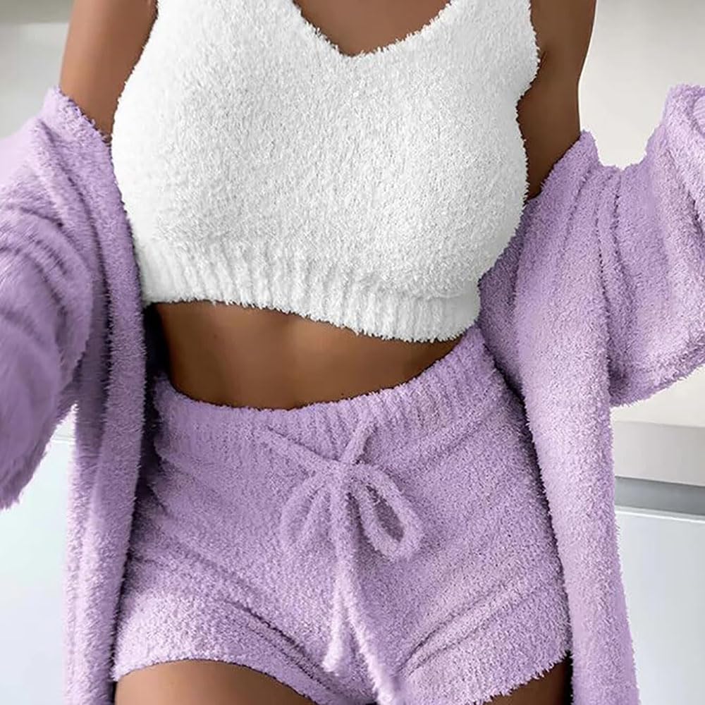 Ensemble de tricot Misscosy 4 pièces, tenue sexy en 4 pièces pour femme, pyjama en polaire, cardigan chaud, gilet