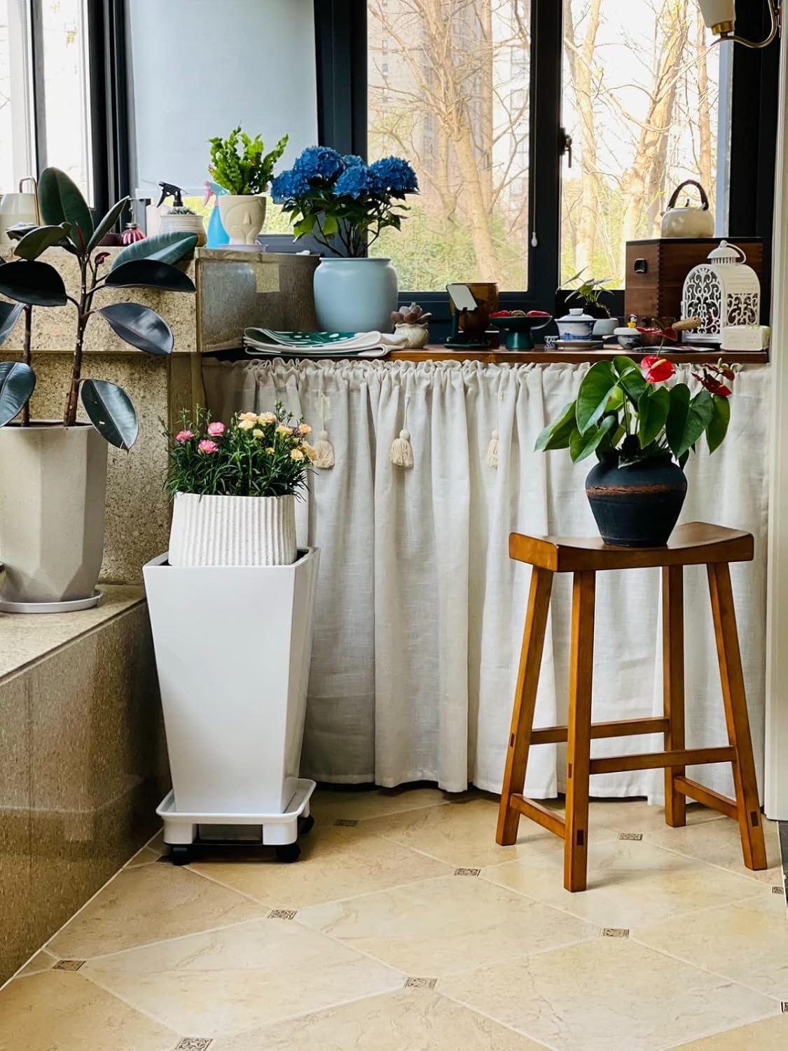 A.Monamour Short Curtain for Small Window Retro Solid Beige Linen Cotton Opaque Kitchen Curtain Under The Sink Door Curtain with Tassels