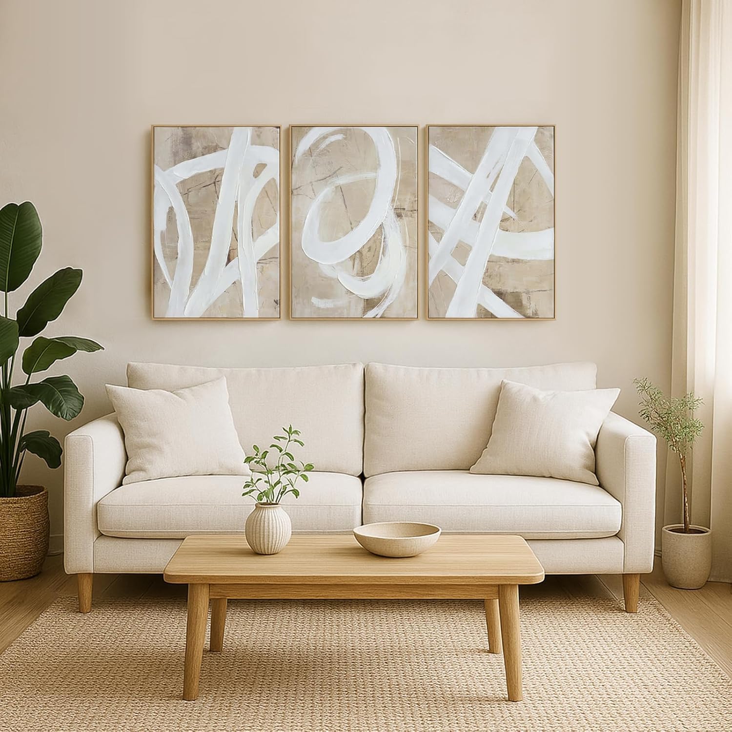 lianyibo Neutralna Abstrakcyjna Sztuka Ścienna Minimalistyczna Biały Brązowy Pastelowy Farba Strokes Kształty Plakaty Wydruki Living Room Dekoracja sypialni (70 x 90 cm x 3/Ramka wewnętrzna)