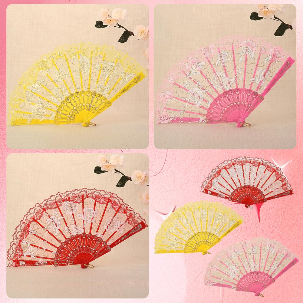 CavspkArt 3 Pcs Lace Hand Fan,Rose Lace Folding Fans,White,Black and Blue Wedding Bride Folding Fan,Vintage Chinese Handheld Fans,Spanish Lace Fans Women Fans for Wedding,Gifts,Party Decor (B) - Image 4
