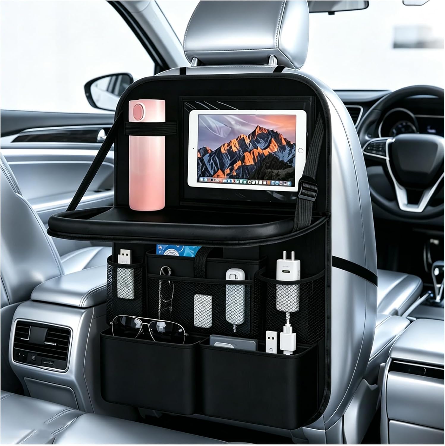 2 in 1 Hanging Backseat Car Organizer,Waterproof Back Seat Car Organizer with Table Trays,Multifunctional Cars Seats Backs Organizers as Kick Mats Back Seat Protector for Vehicles