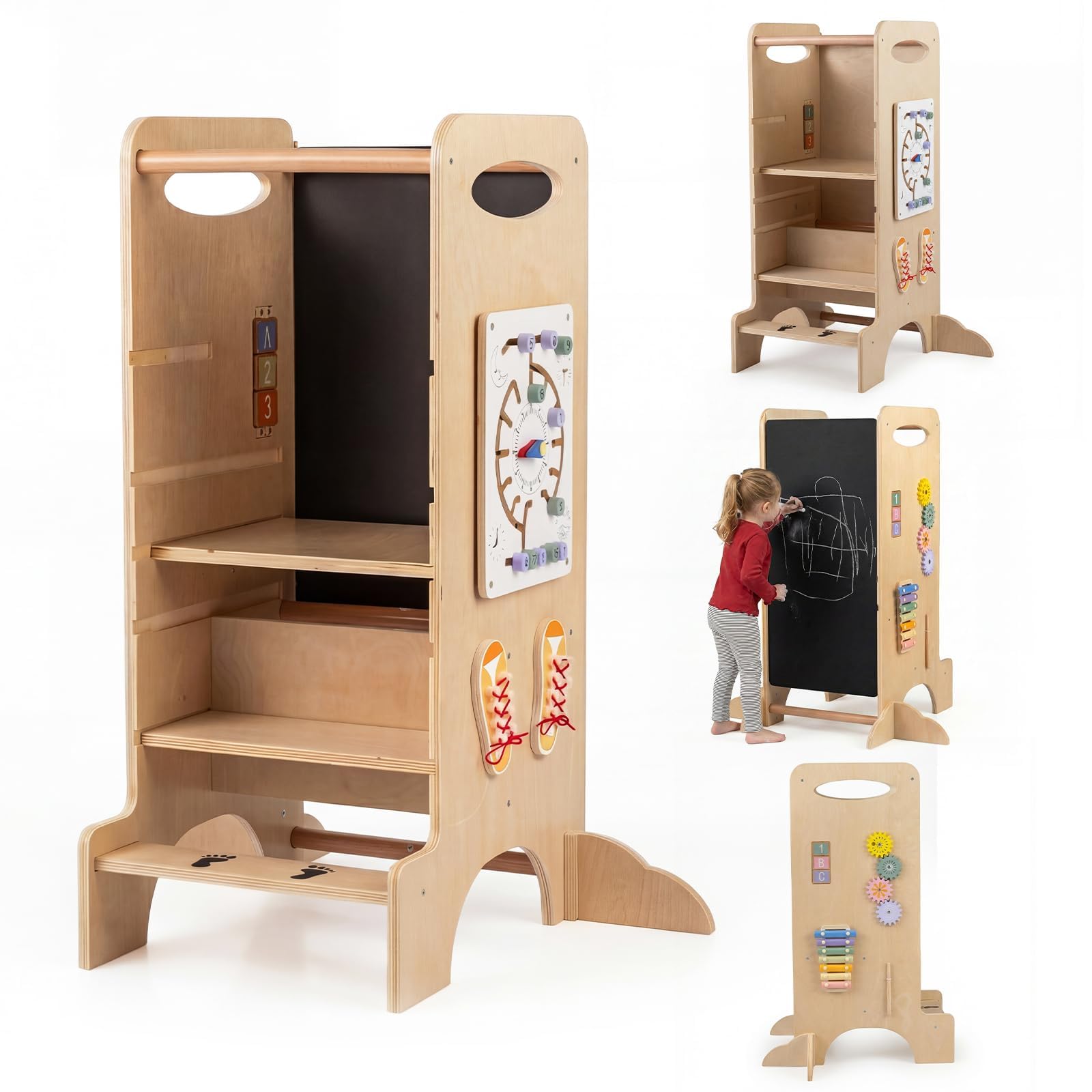 COSTWAY 4 in 1 Lernturm mit Spieltablett, Tritthocker Montessori mit 3 verstellbaren Höhen & Abnehmbarer Tafel, Trittleiter aus Buchenholz, Trittschemel für Kinder ab 3 Jahren