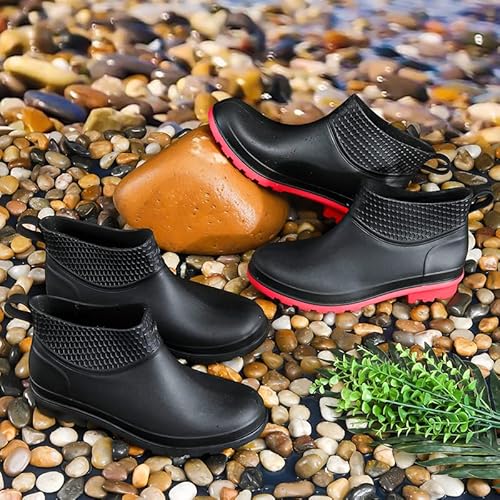 Crazynekos Mens Rain Ankle Boots Pvc Waterproof Rubber Boots Non-Slip Rubber Boots Kitchen Garden Shoes (Black-Red,7,7) #TOP6