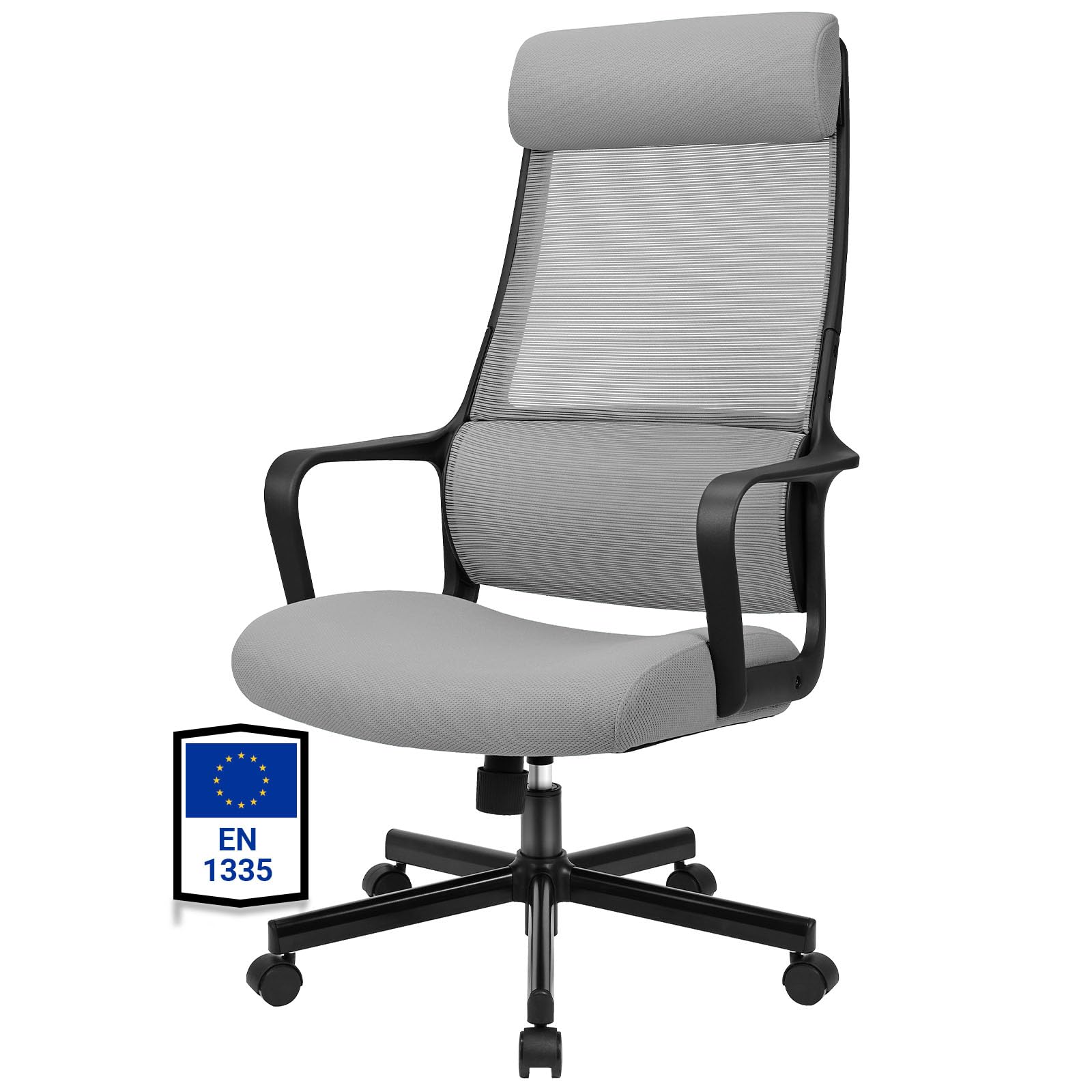 MELOKEA Silla de Oficina Ergonómica 200 KG con Reposacabezas Ajustable, Respaldo Alto, Soporte Lumbar Ergonómico y Función de Balancín, Silla de Escritorio de Malla, Certificada EN 1335, Gris Y Negro