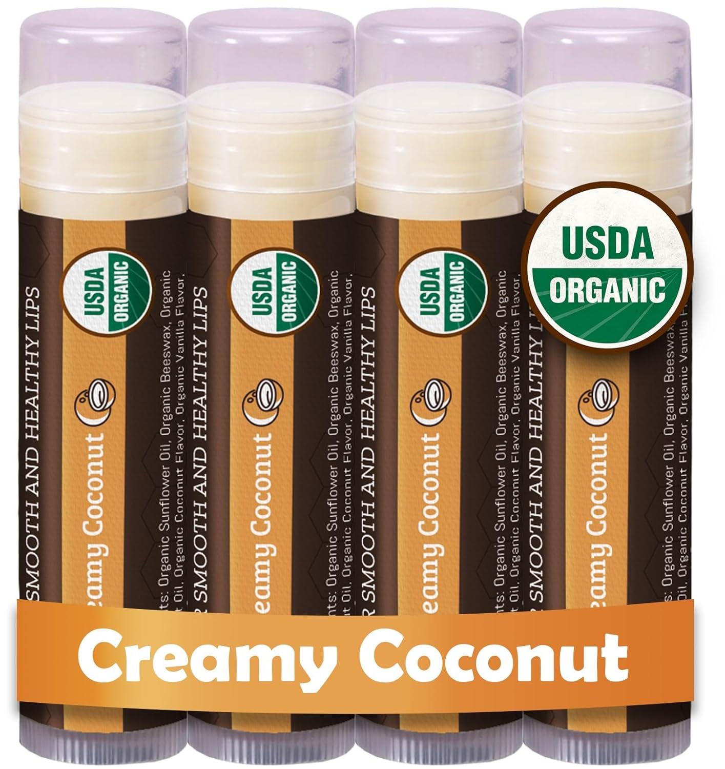 Earths Daughter USDA Organic Lip Balm 4-Pack Creamy Coconut Flavor - Beeswax Coconut Oil Vitamin E - Best
