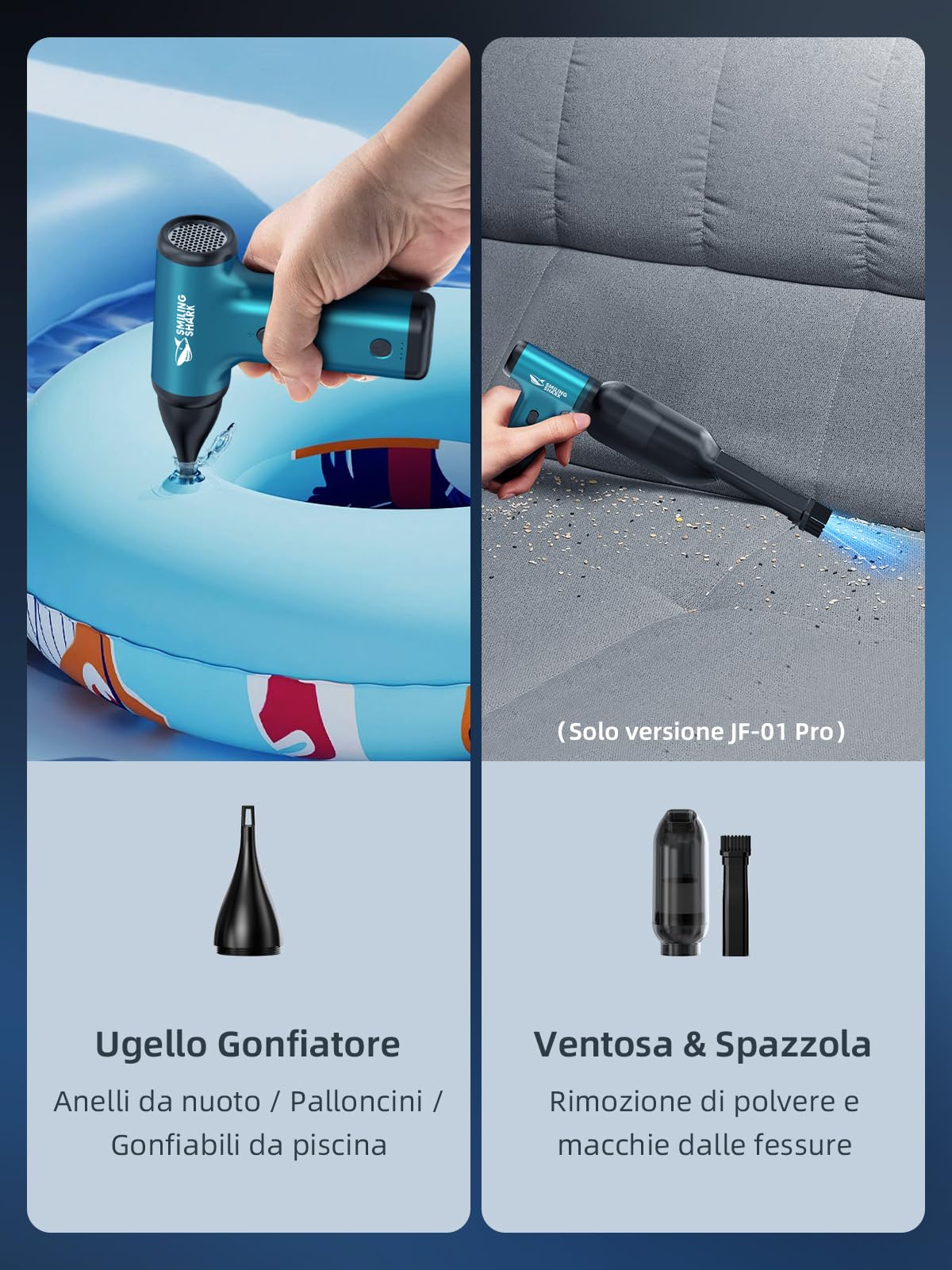 Smiling Shark Soffiatore ad Aria Compressa, JF-01 Vitesse Variabile 130000RPM Elettrico Rimuovi Polvere Senza Fili con Luce LED - Air Duster per Kit Pulizia PC/Tastiera/Auto/Divano/Camping, Blu