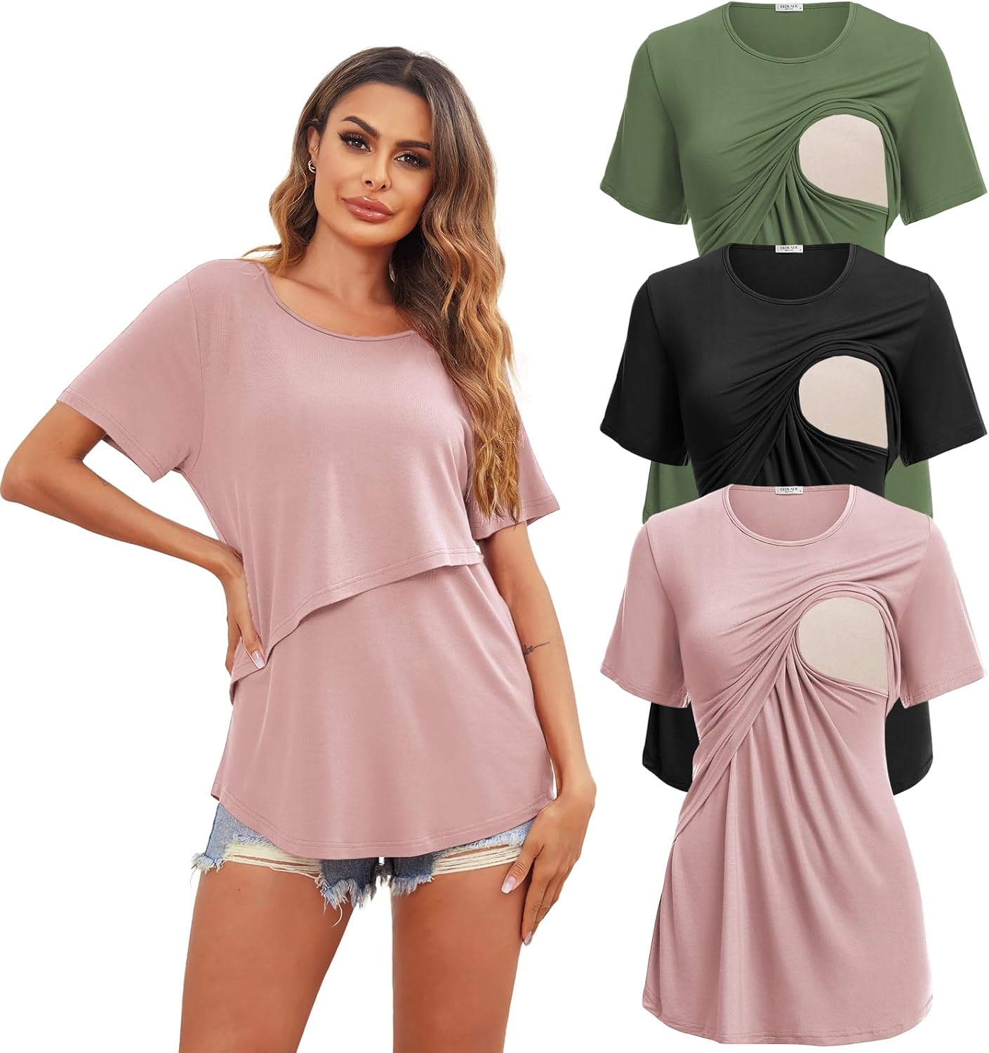 Ekouaer Women's Maternity Shirts Short Sleeves Nursing Tops 3 Pack Double Laye Breastfeeding Tees Pregnancy Clothes S-XXL