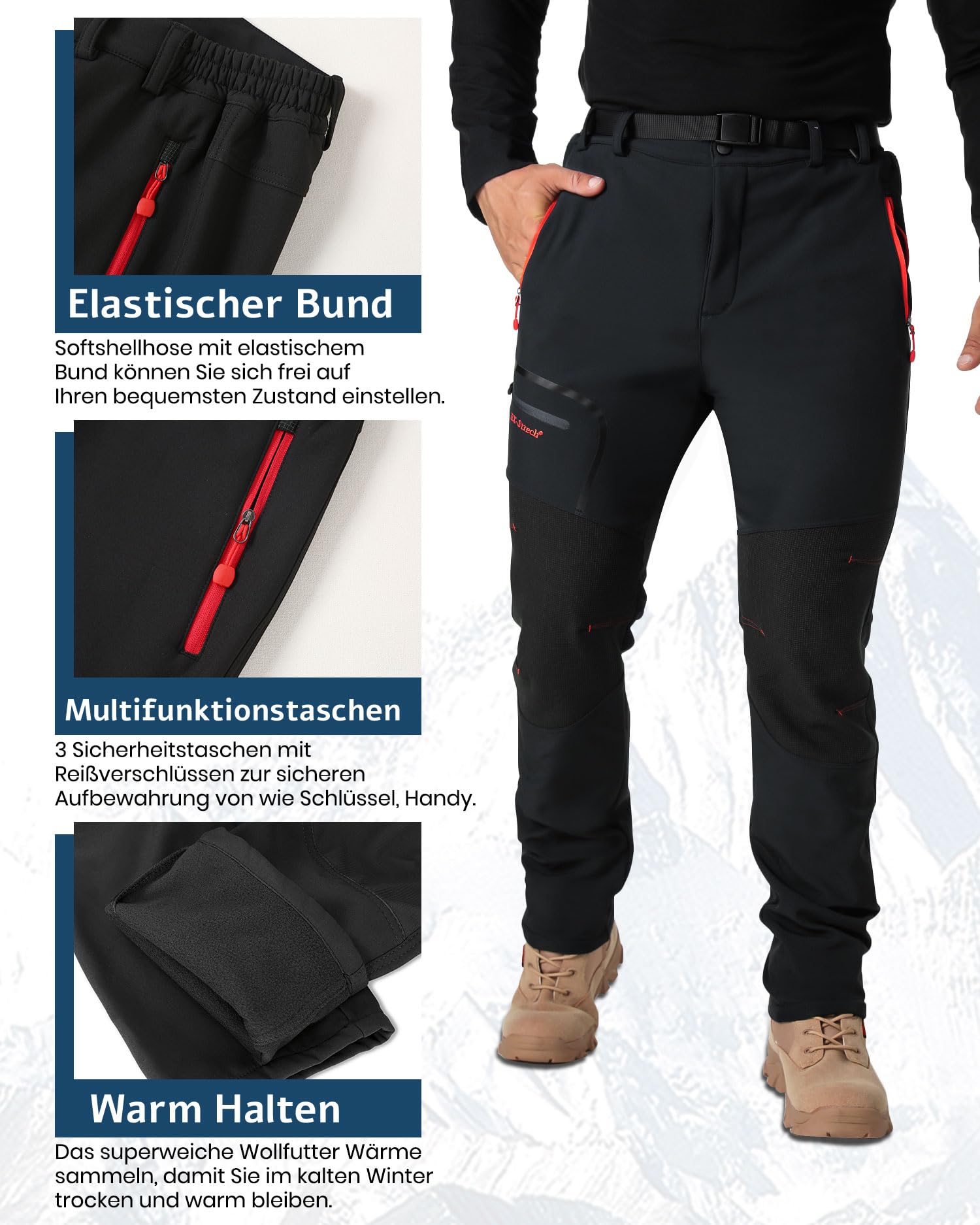 SANMIO Pantalones Trekking Hombre Pantalon de Trabajo Termicos Montaña Escalada Senderismo Esqui Softshell Invierno Polar Forrado Aire Libre Negro con vellón XXL