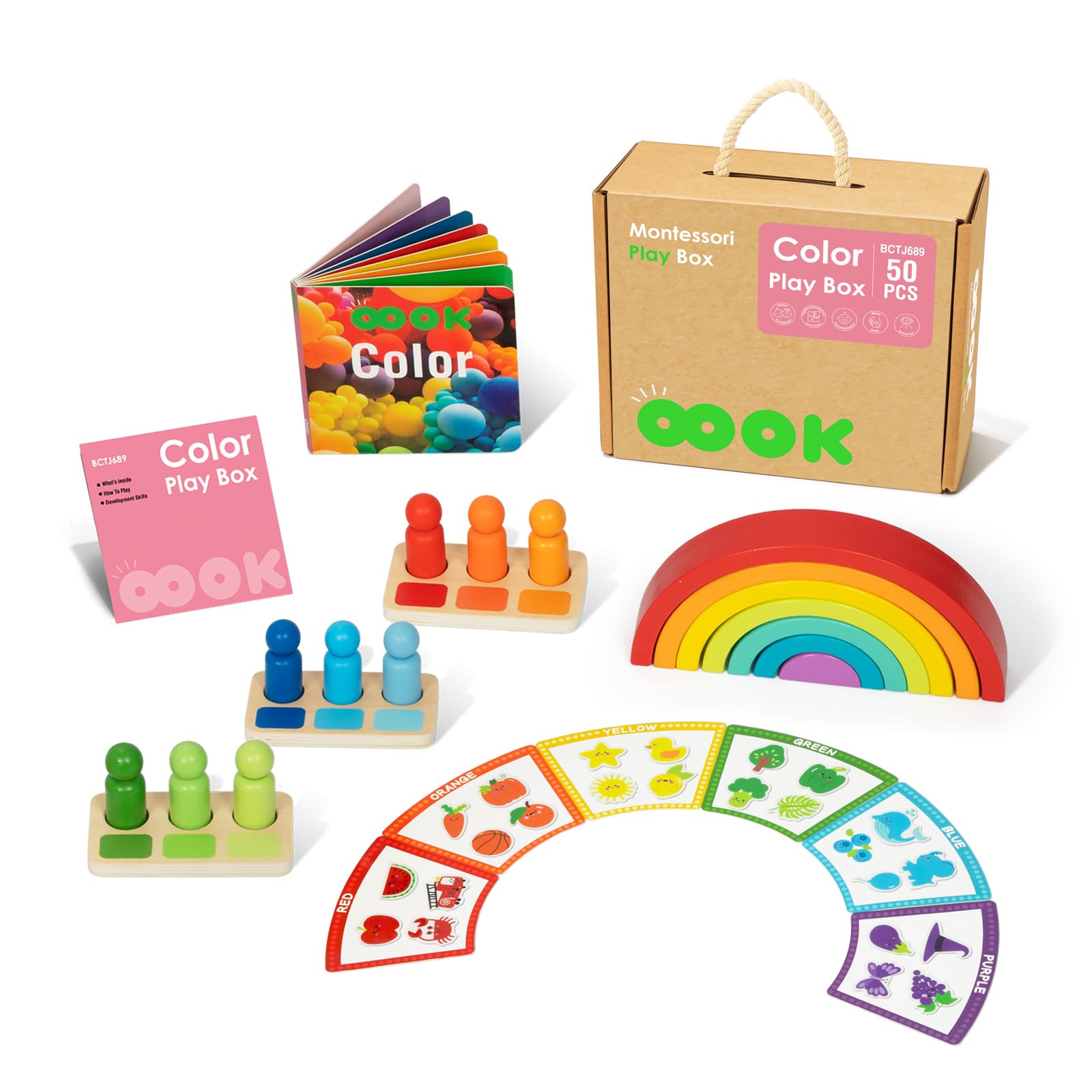OOOK Montessori Color Sorting Toys for Toddlers,Montessori Toys for Kids,Includes Rainbow Stacks and Color Picture Books,Cards, etc