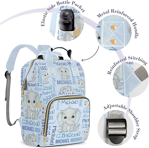 Miniatura 4 de Mochila de pañales personalizada con diseño de elefante lindo para bebé, mochila multifuncional con nombre personalizado para recién nacido con