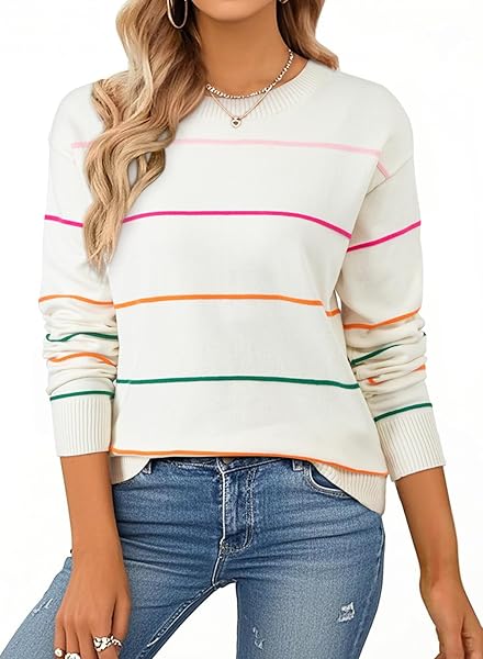SHEWIN Womens Sweaters Crew Neck Knit Long Sleeve Striped Sweater Fall Outfits for Women 2025