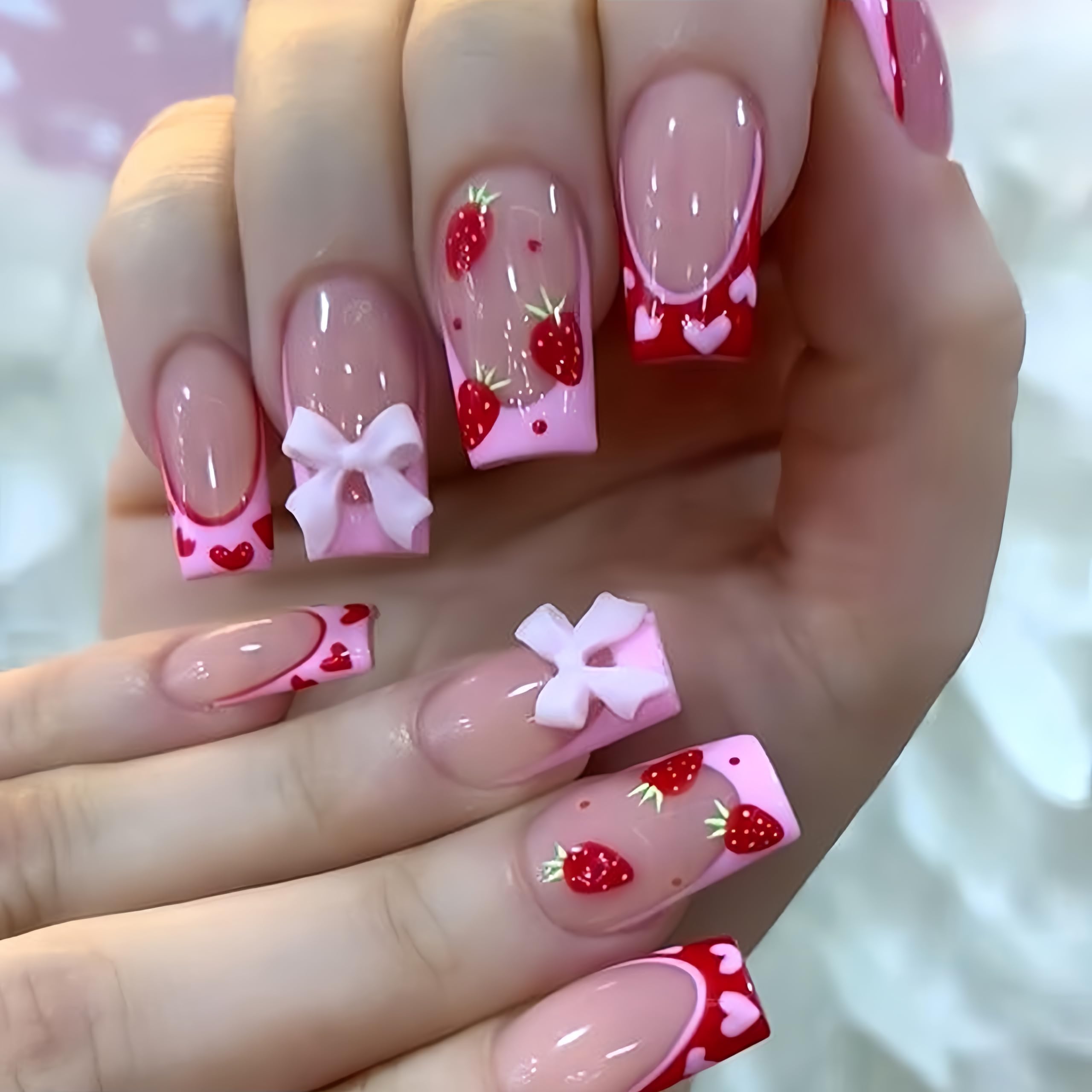 24Pcs Strawberry French Tips Press on Nails Medium Square with Bow-knot Rhinestones Design Strawberry Acrylic Coffin Reusable Fake Nails for Women Girls Fingernails Decoration