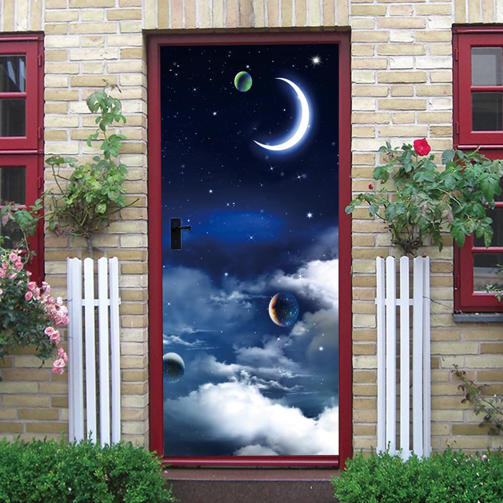 3d Stickers Porte Porte Scène lunaire de nuit noire Auto-AdhéSif Murale DéCoration De La Maison Stickers Muraux Chambre Salon Affiche Amovible Art Autocollants L90 x H210cm
