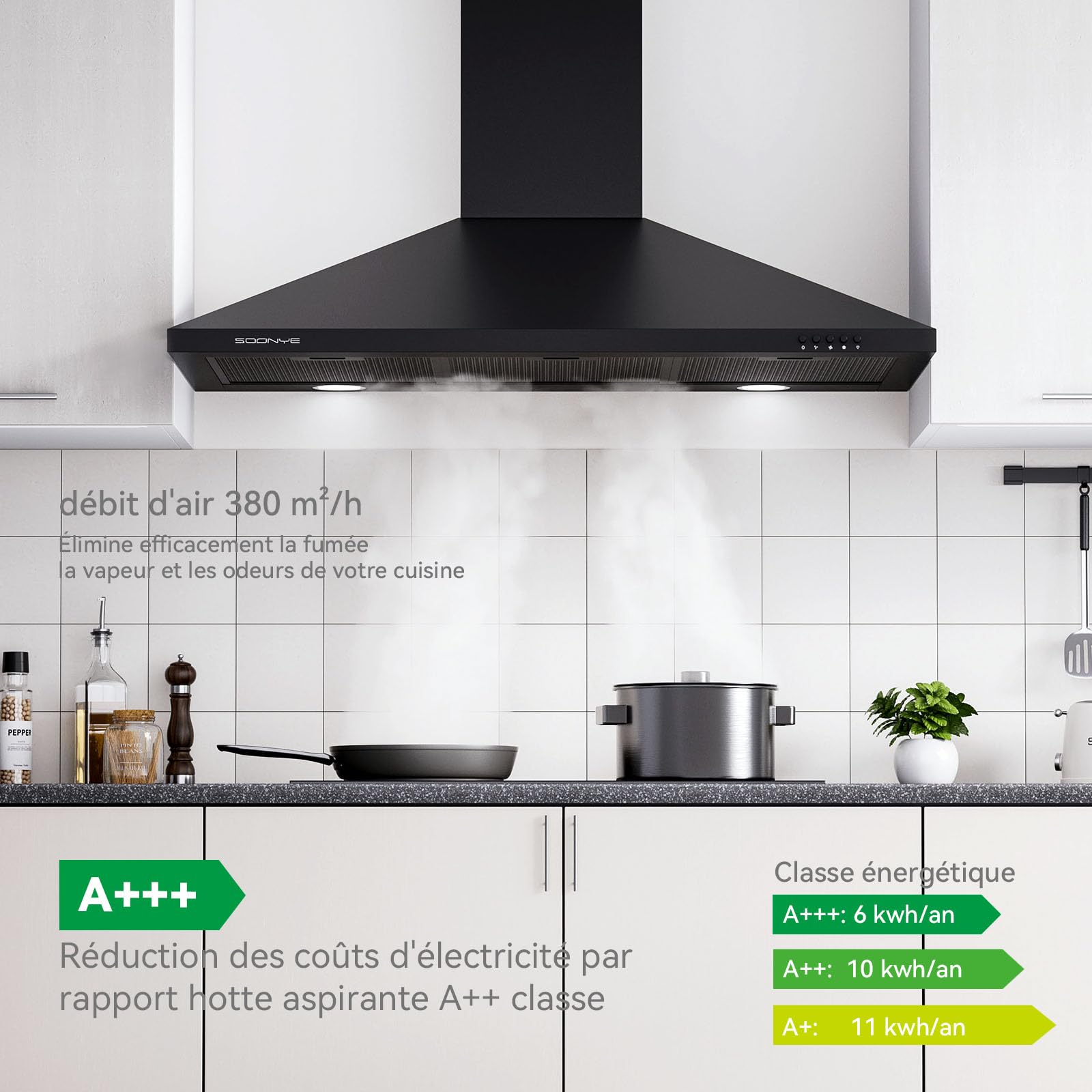 Hotte Aspirante 90 cm Classe A+++, Hotte Cuisine 380m³/h,Évacuation ou Recyclage,Filtre au Charbon Inclus,Cheminée Extensible,Hotte Murale,Noir
