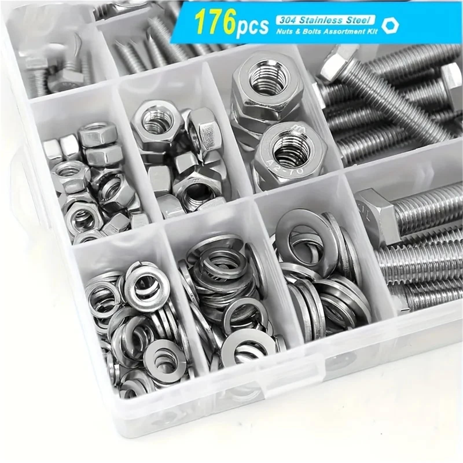 M6 M8 M10 Hochleistungsschrauben- und Muttern-Sortiment-Kit, 304 Edelstahl, Enthält die 8 gängigsten Größen Schrauben und Muttern Set(176PCS)