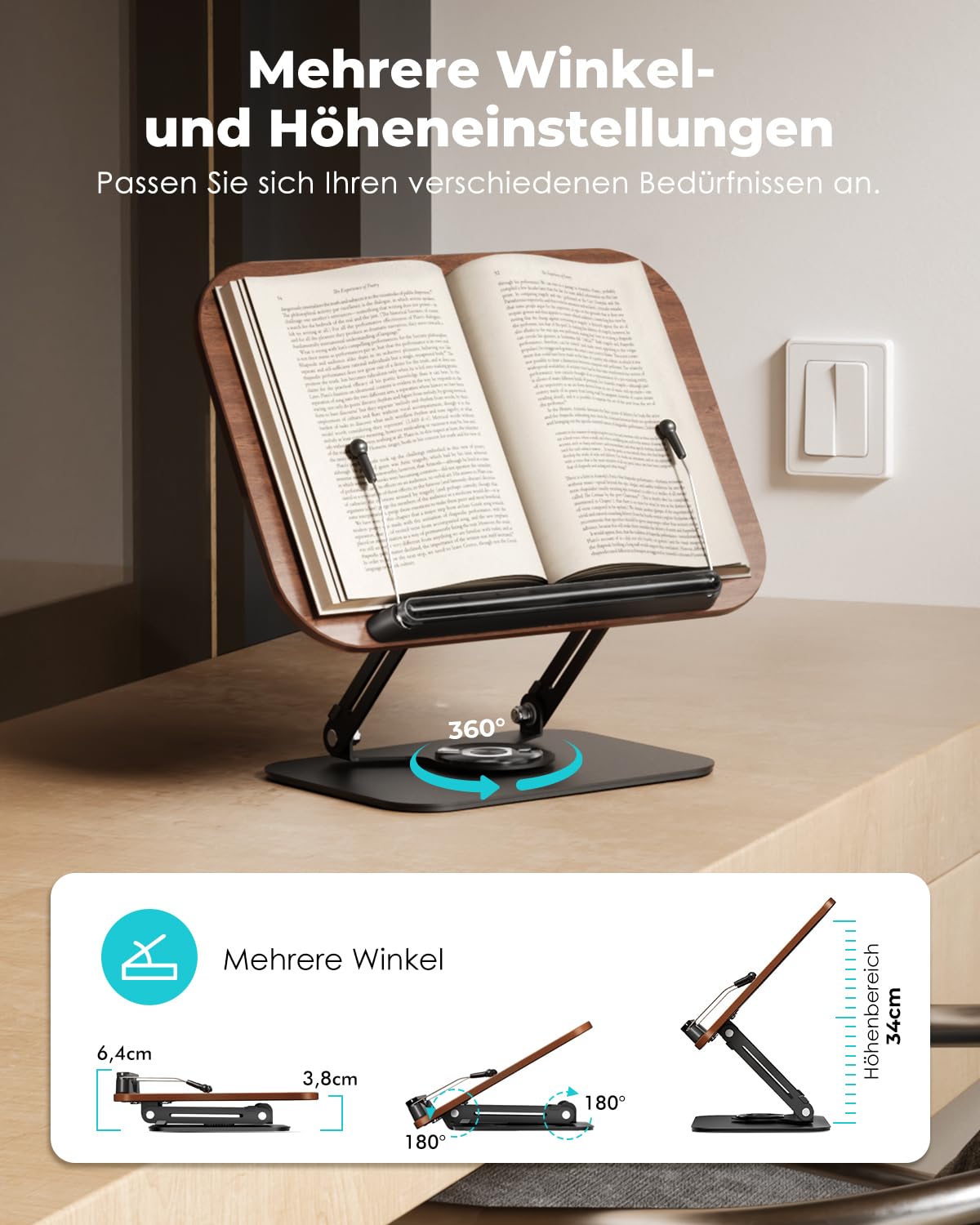 Viozon Boekenstandaard van hout, leesstandaard, boekenhouder, in hoogte en hoek verstelbaar, 360° draaibare basis, opvouwbaar en draagbaar, licht voor kantoor, keuken, school, leerboek, recept