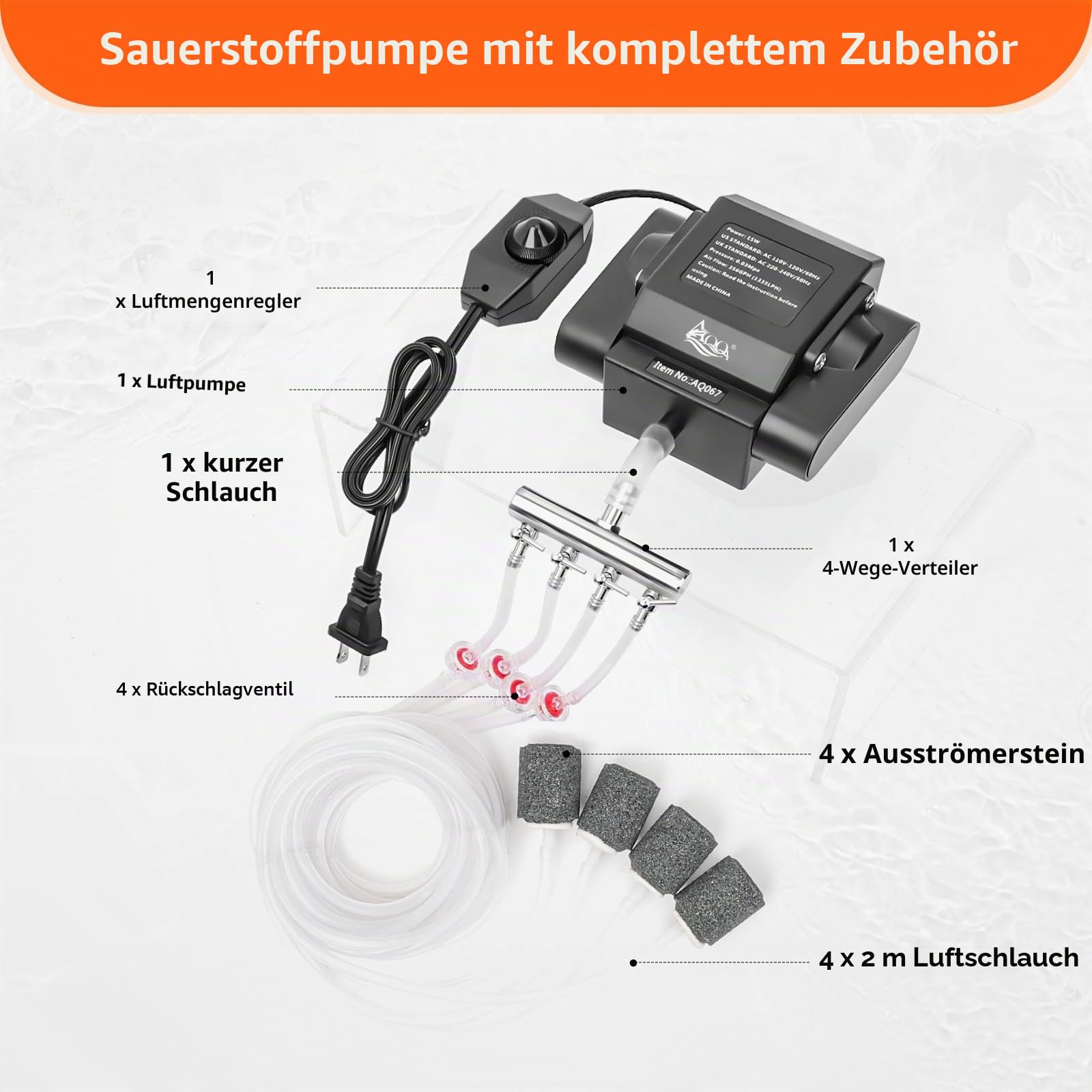 AQQA Aquarium Luftpumpe,Leistungsstarker 4 Ausgänge Aquarium Sauerstoffpumpe,10W Regelbare Sauerstoffpumpe für Aquariums,Leise Aquariums Belüfterpumpe mit komplett Zubehör,bis zu 2200L