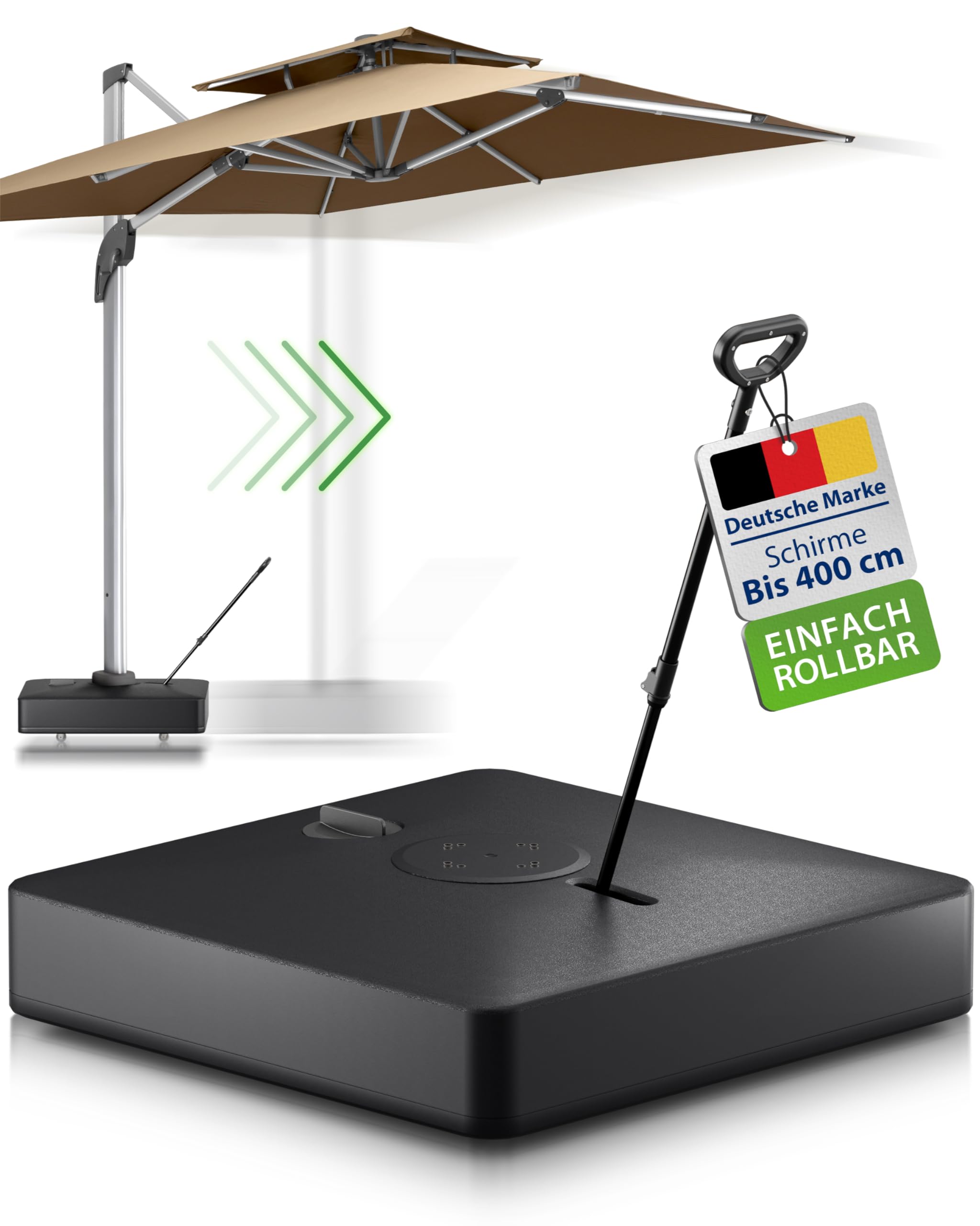 Gartenzeit® Sonnenschirmständer, befüllbar, rollbar, 162kg, Maße 84x84x21cm, Patent, schwarz, Sonnenschirmständer mit Rollen für große Ampelschirme u. Sonnenschirme, fahrbar, mobil