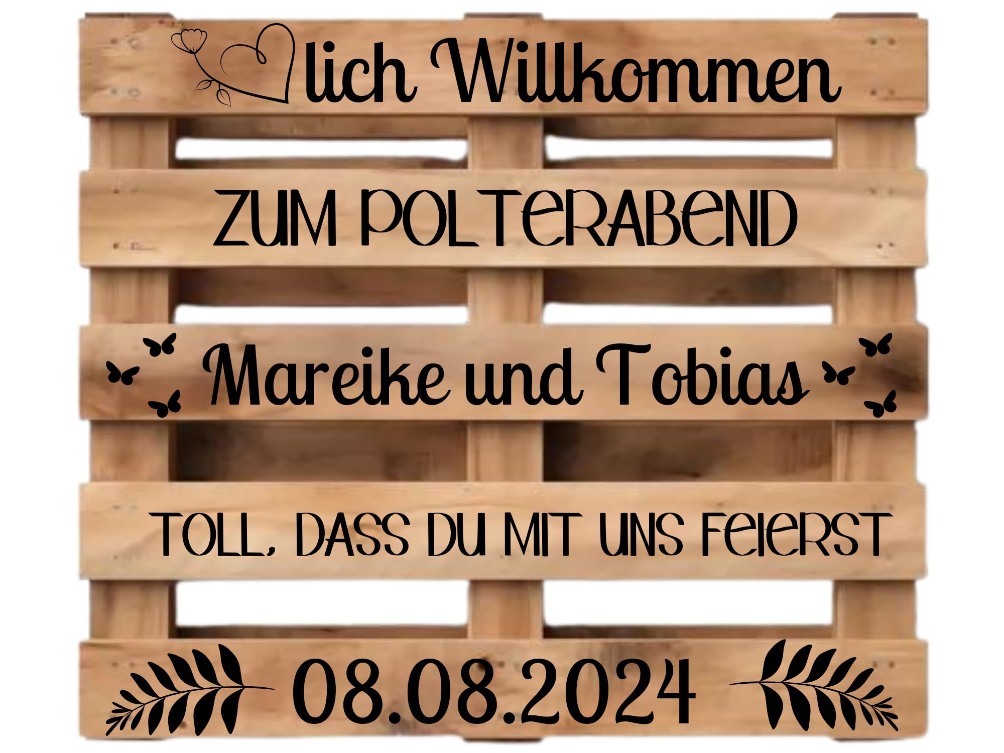 Palettenaufkleber Polterabend, personalisiert mit Namen und Datum in Schwarz oder Weiß, Aufkleber für Palette passend für Europalette, Diy Hochzeitspalette, Klebeschrift