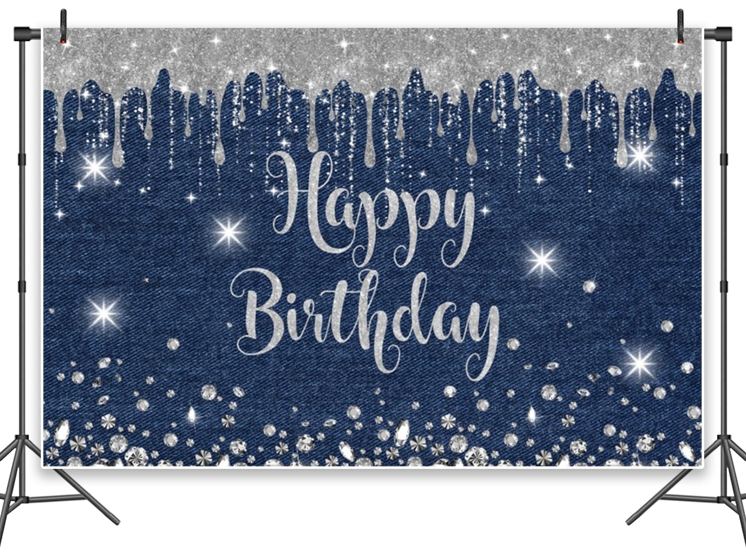 Leowefowa Baner "Happy Birthday", 2,4 x 1,2 m, winylowe, niebieskie, dżinsy, diamentowa kropla, na sesję zdjęciową, srebrne tło obrazowe dla dziewcząt, przyjęcie urodzinowe, baner, materiały