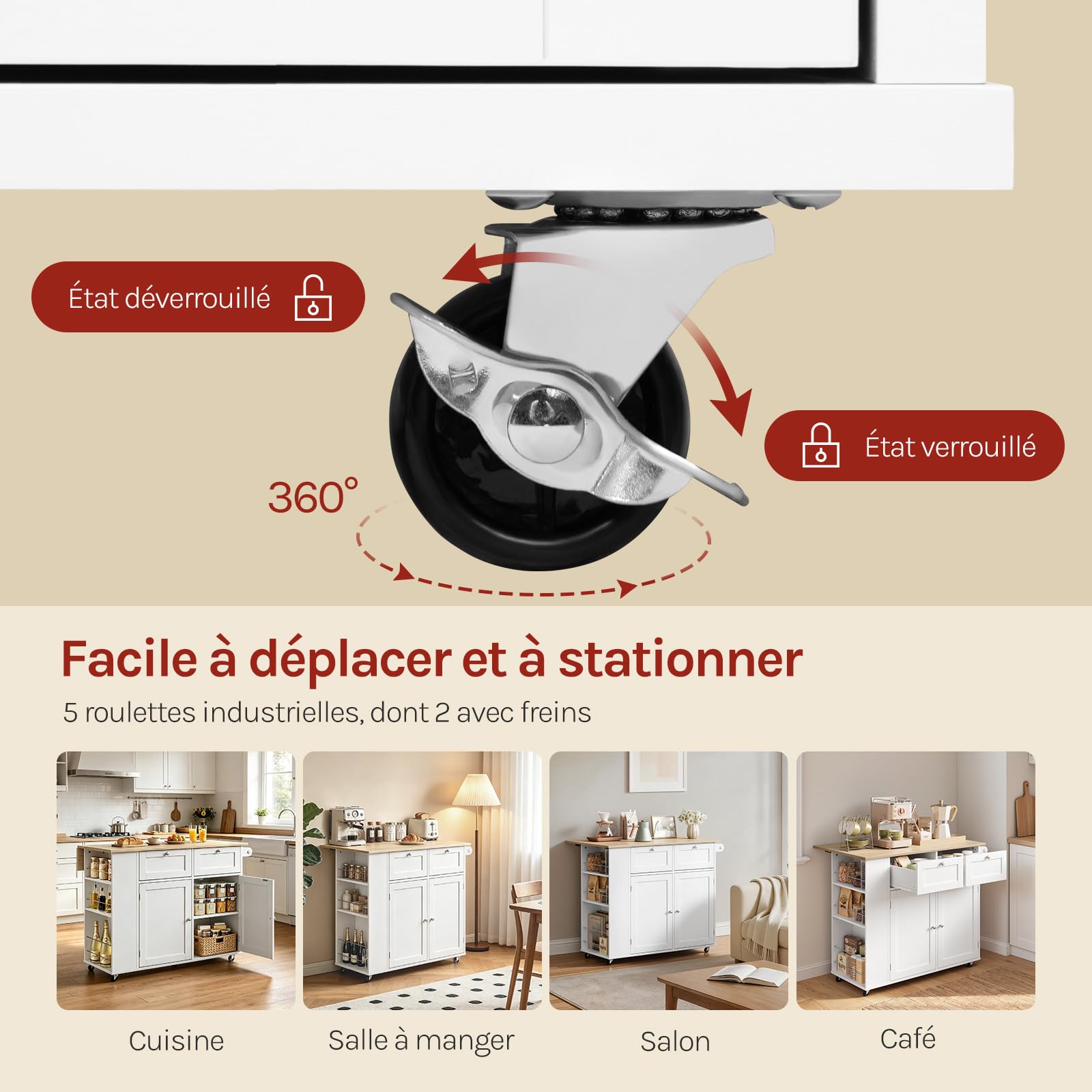 WOLTU Îlot Central Cuisine sur roulettes, Meuble Cuisine avec Plateau Rabattable, Étagère Latérale, Placard avec 2 Tiroirs, 2 Portes et Porte-Serviettes, Chêne Clair + Blanc