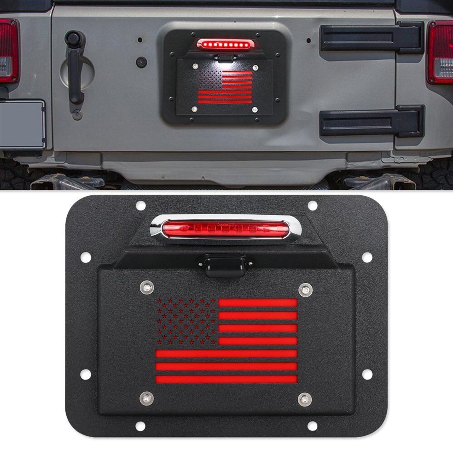 LUYWTE Spare Tire Delete License Plate Relocation W/Plate Illuminate Light&Third Brake Light Fit 2007-2018 Wrangler JK/JKU, Black