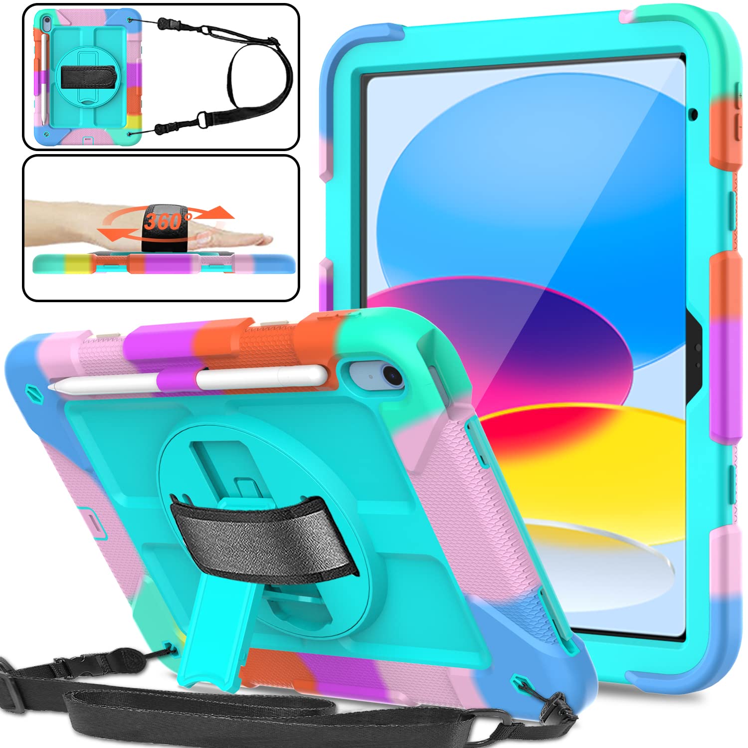 SUPNICE iPad 10th Generation Case 10.9 Inch 2022, Durable Lightweight Shockproof Protective Cover with [Pencil Holder][360 Rotating Stand][Shoulder