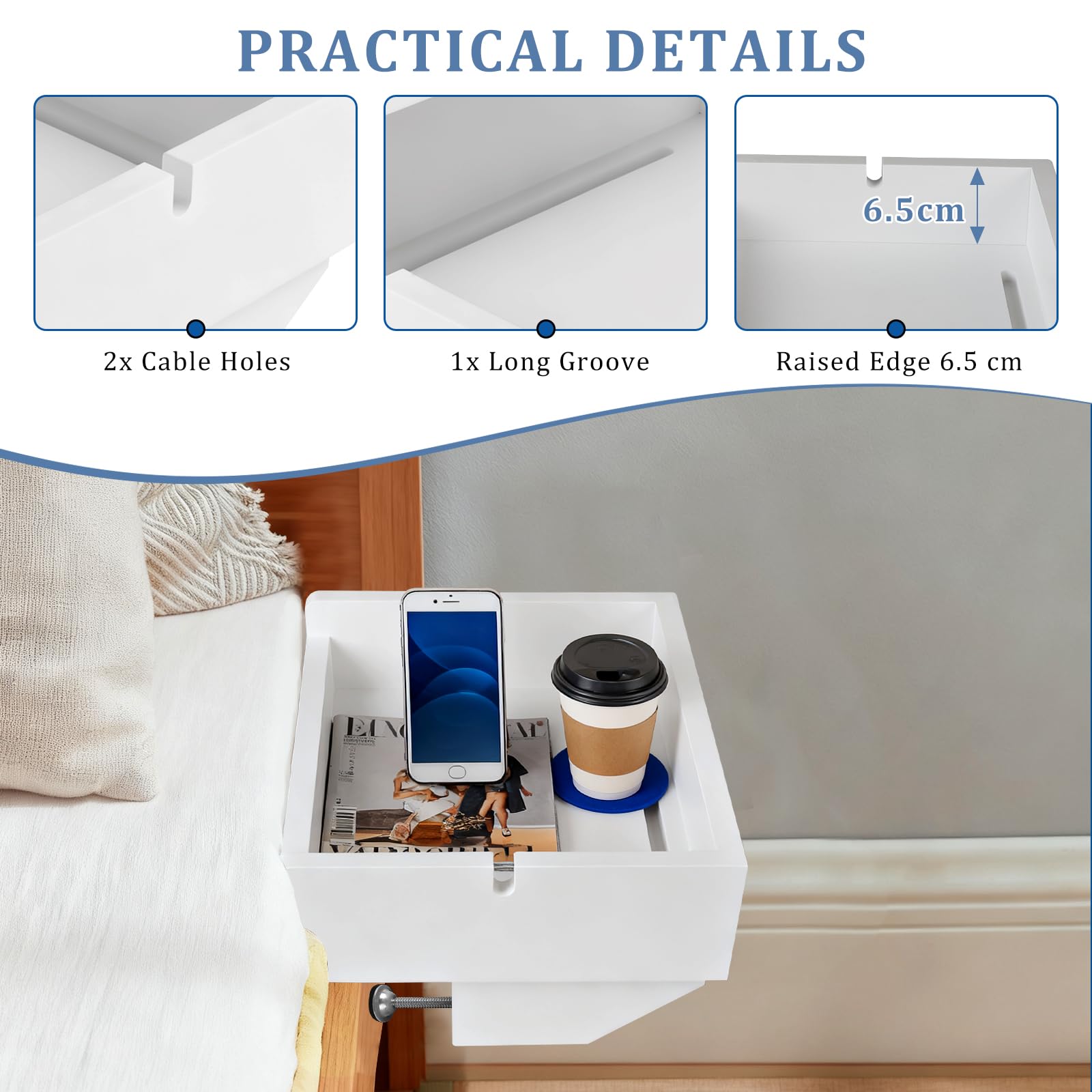EXLECO Table de Chevet Suspendue en Bambou, Étagère Murale Blanche sans Percage, Plateau de Lit pour Mezzanine, Support Tablette Lit pour Dortoir Universitaire, avec Fente pour Câbles