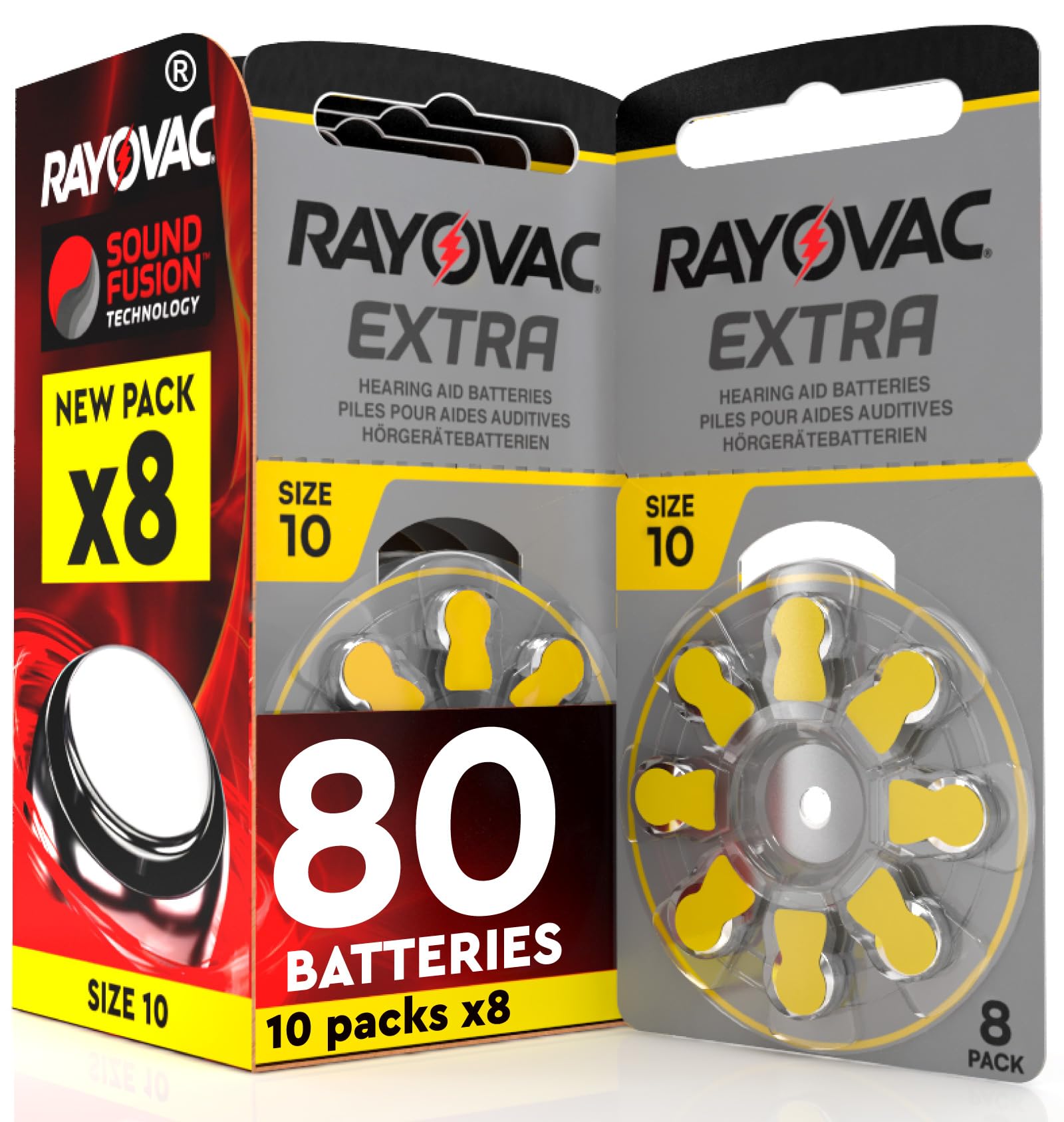80 Hearing Aid Batteries Size 10. Rayovac Extra 10x8 Pack PR70 Yellow