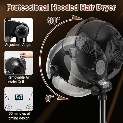 Miniatura 4 de FWOD BIBTO Ionic - Secador de pelo con capucha, secador de pelo profesional de pie de 1500 W, secador de pelo con 3 modos y ajuste de tiempo,