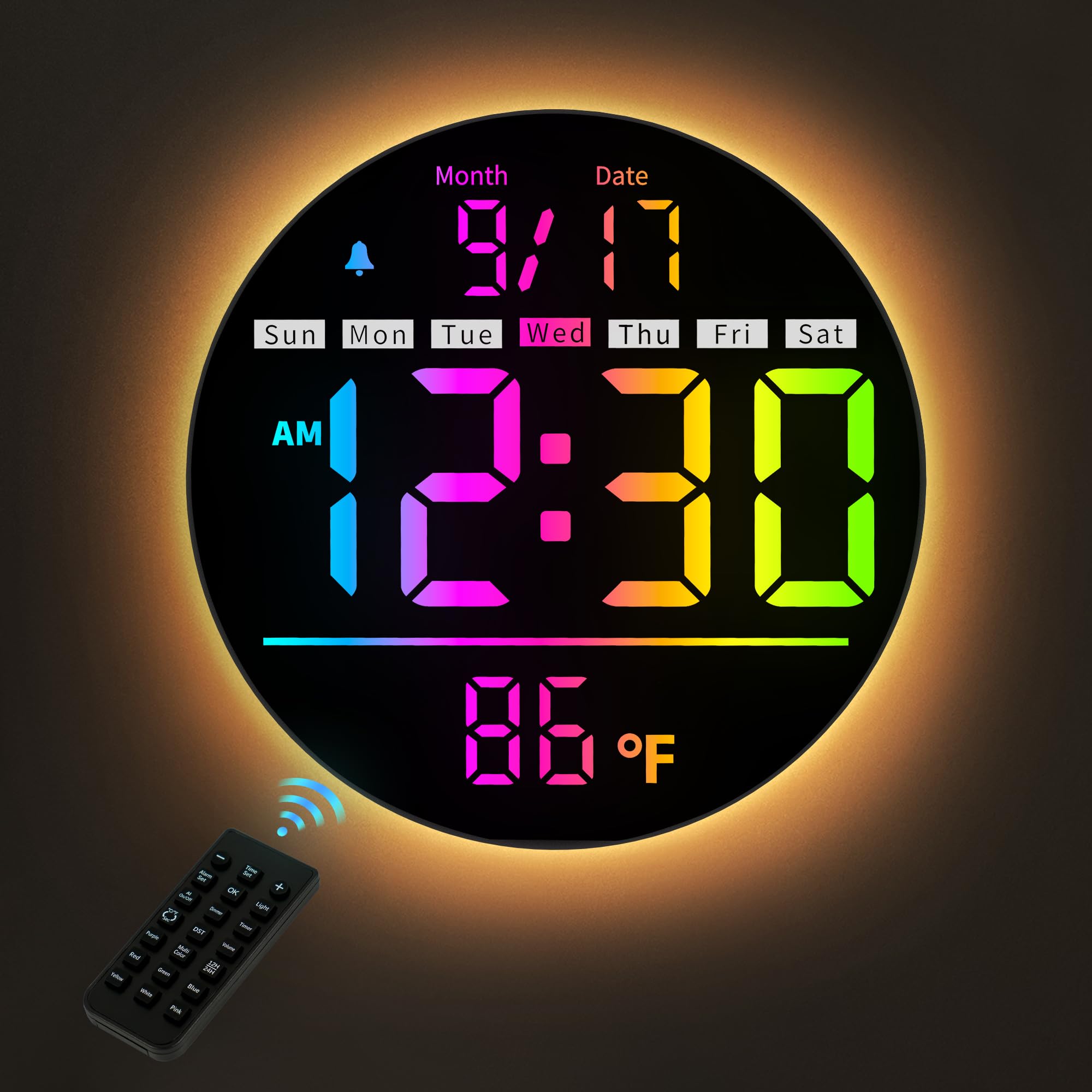 HAITANG Orologio Digitale da Muro 8''con Cambio Colore RGB & Telecomando,Luminosità Automatica,Temperatura,Ora Legale,Luci Notturne,Sveglia con Modalità Lavorativo/Festivo per Casa/Camera/Ufficio-Nero
